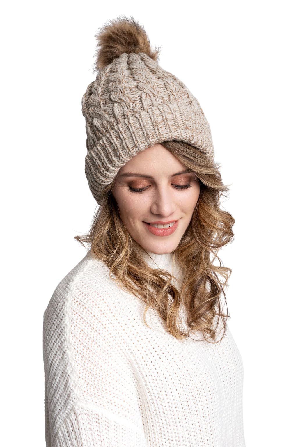 Just Cozy Knit Hat Winter Knitted Toque with Faux Fur Warm Knit