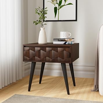 Bme Georgina Solid Wood Mid-Century Modern Side Table with Drawer Fully Assembled Bedside Table with Rustic Geometric Pattern for Living Room or Bedroom