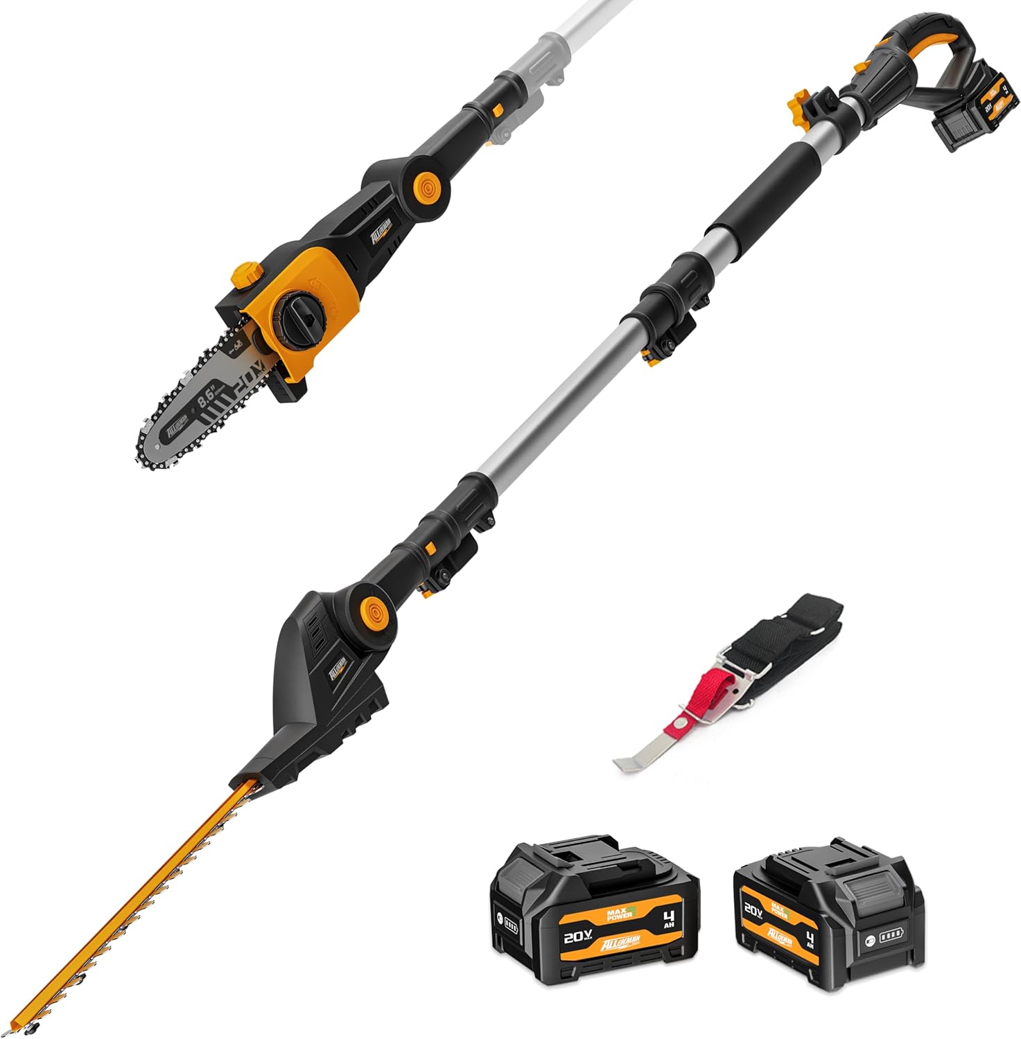 Alloyman 2-in-1 Telescopic Cordless Pole Hedge Trimmer 16-Inch and Pole Saw 8.6-Inch,with 2 Packs 4.0Ah Batteries & Charger,for Tree Trimming and Shrubs Pruning Black Orange