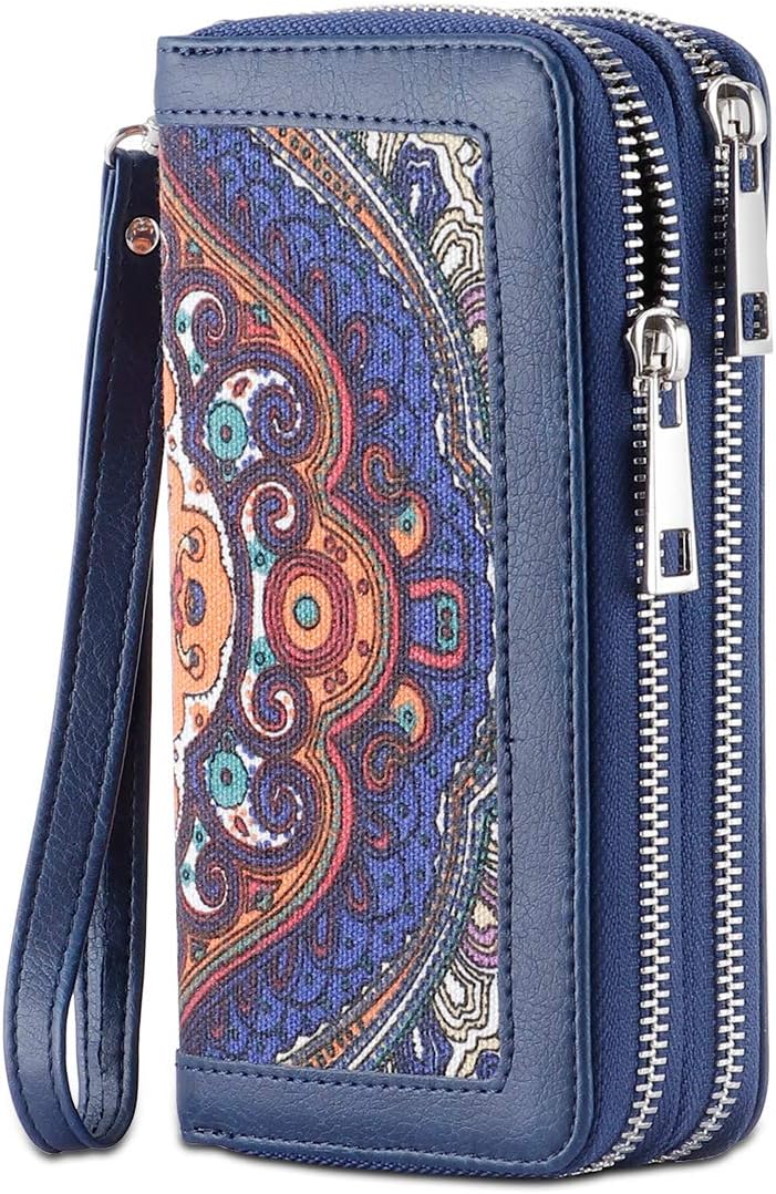 Cellphone Wallet for Women Dual Zipper Long Purse with Removable Wristlet, Blue Floral