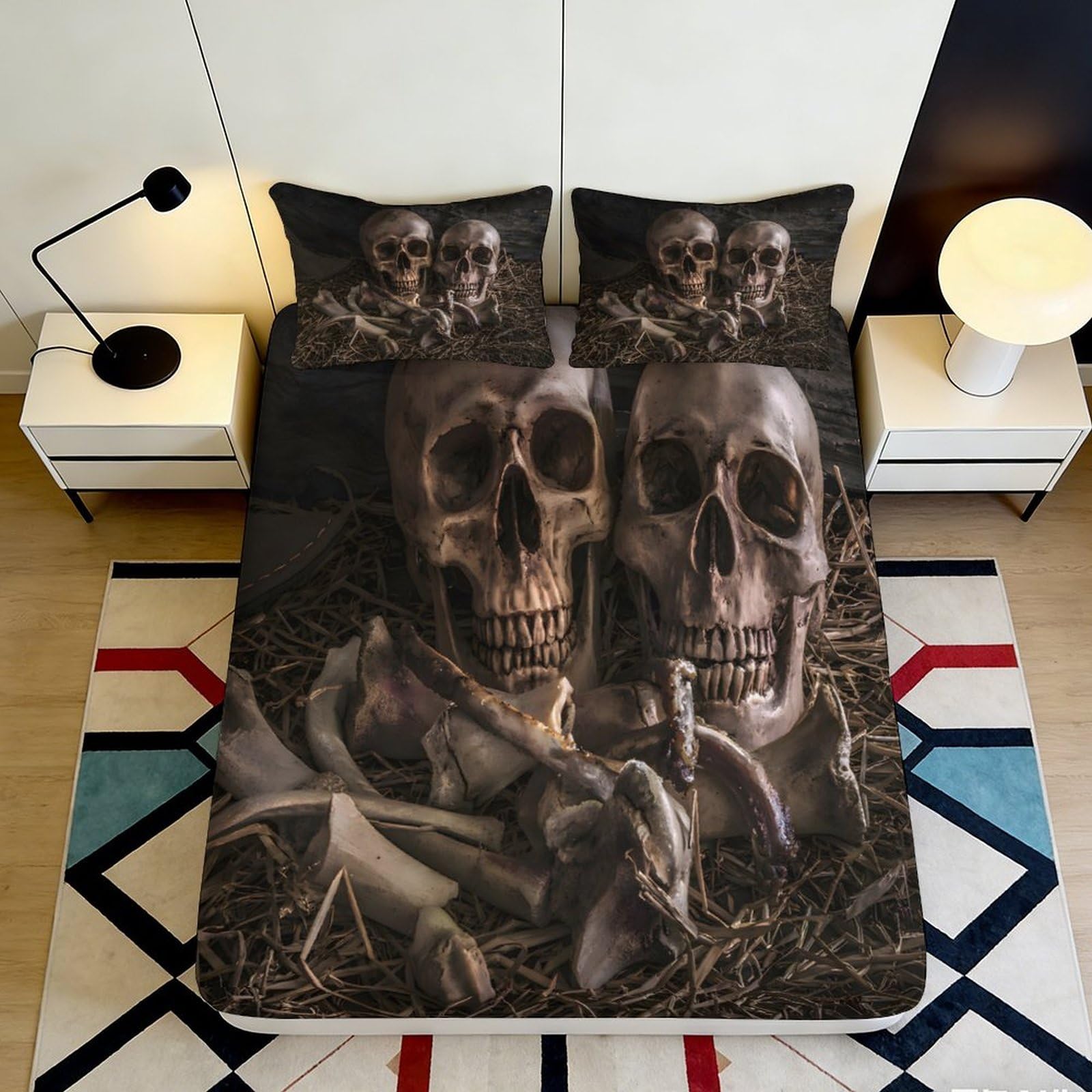 3D Printed Skull Skeleton Fitted Sheet Microfiber Soft Durable Halloween Bed Sheet for Bedroom Dormitory Guest Room Mattress Cover Protection 140x200x25cm