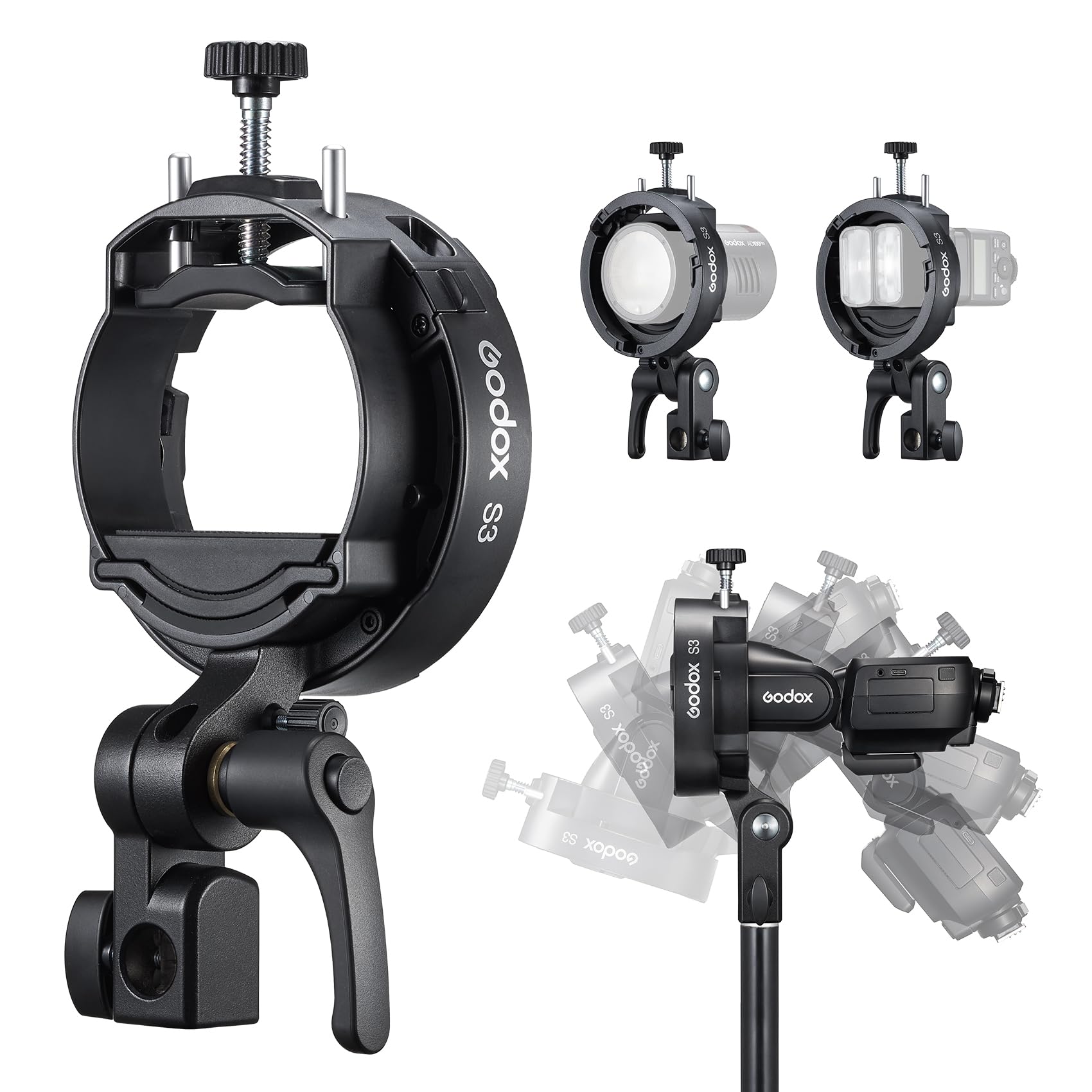 Godox S3 Flash Holder with Bowens Mounting, Type S Support, Compact, Portable, Angle Adjustment of ±90°for V1 V100 V1Pro V860III TT350 AD100 AD200 AD300