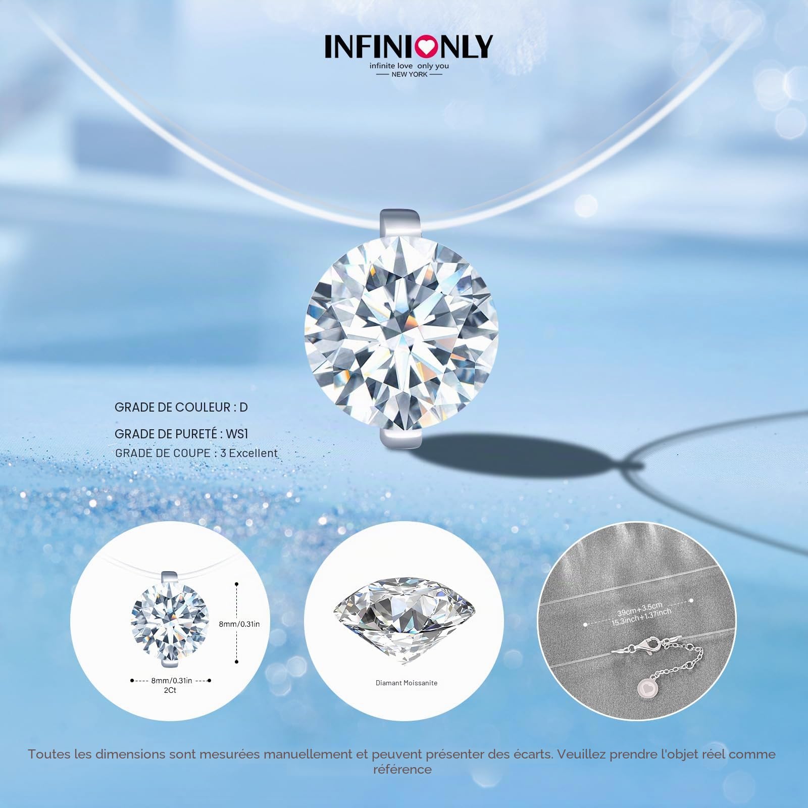 Collier pendentif de diamant pour femme: ras-du-cou en argent 925 avec chaîne transparent 2 carats moissanite de couleur D clarté VVS1 8mm solitaire avec certificat GRA bijoux mariage