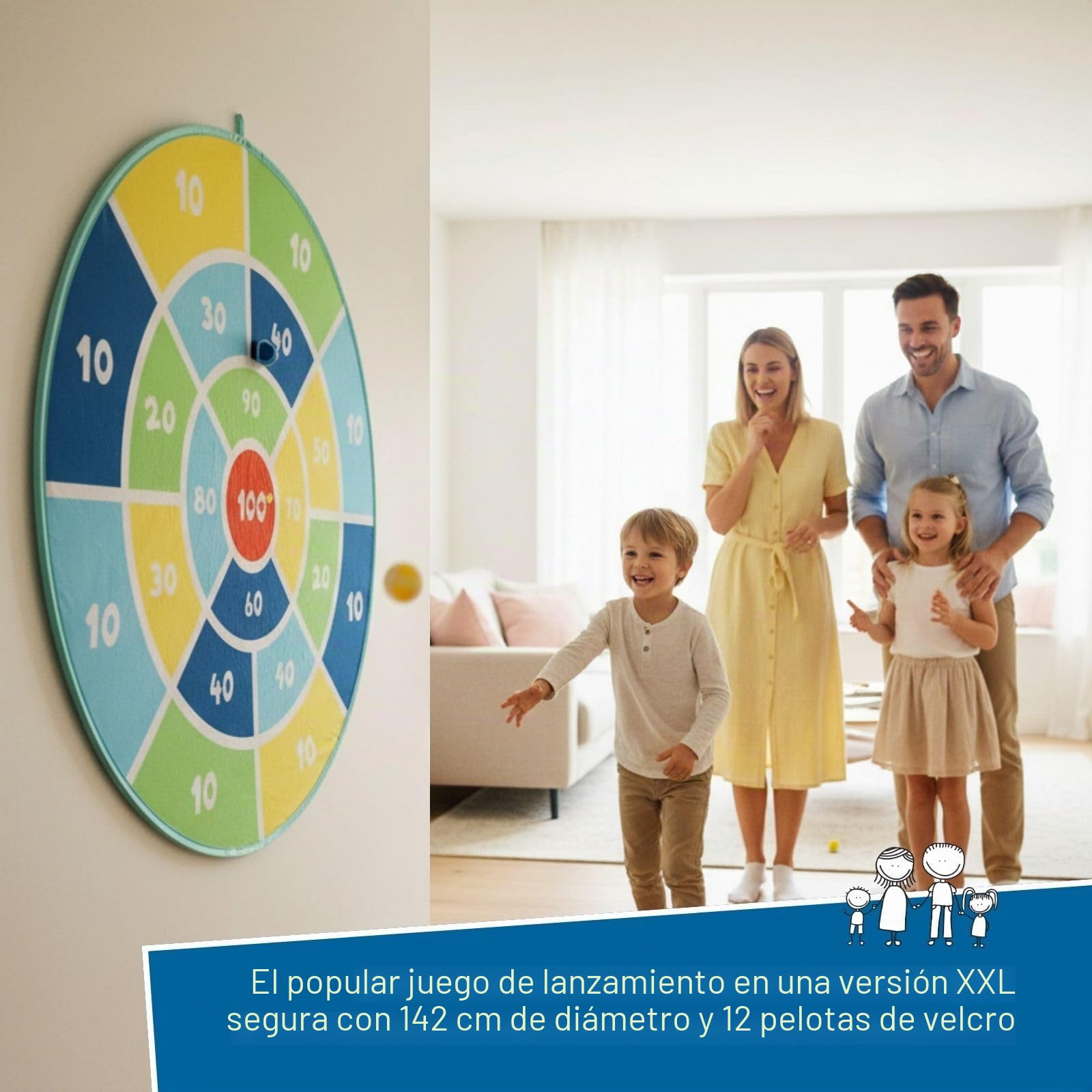 alldoro 60061 - Disco para Dardos XXL, 1 dardo desplegable, 12 Bolas de Velcro, 1 Bolsa de Transporte, Multicolor, diámetro de 142 cm, para niños a Partir de 3 años