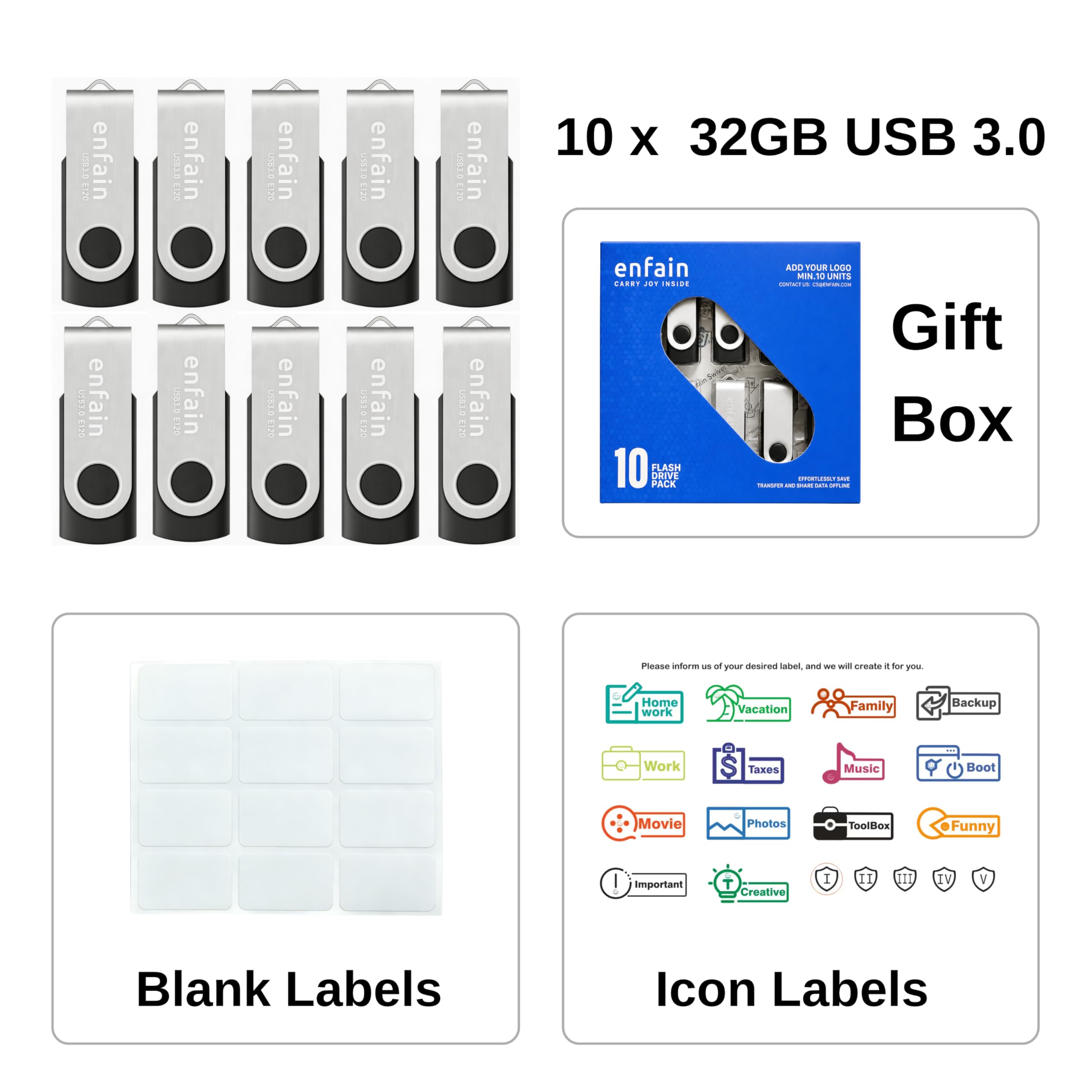 Enfain Unidad flash USB 3.0 de 32 GB para compartir, paquete de 10 unidades para almacenamiento universal de datos en casa y oficina, velocidad de escritura de 25 MB/s, velocidad de lectura de hasta