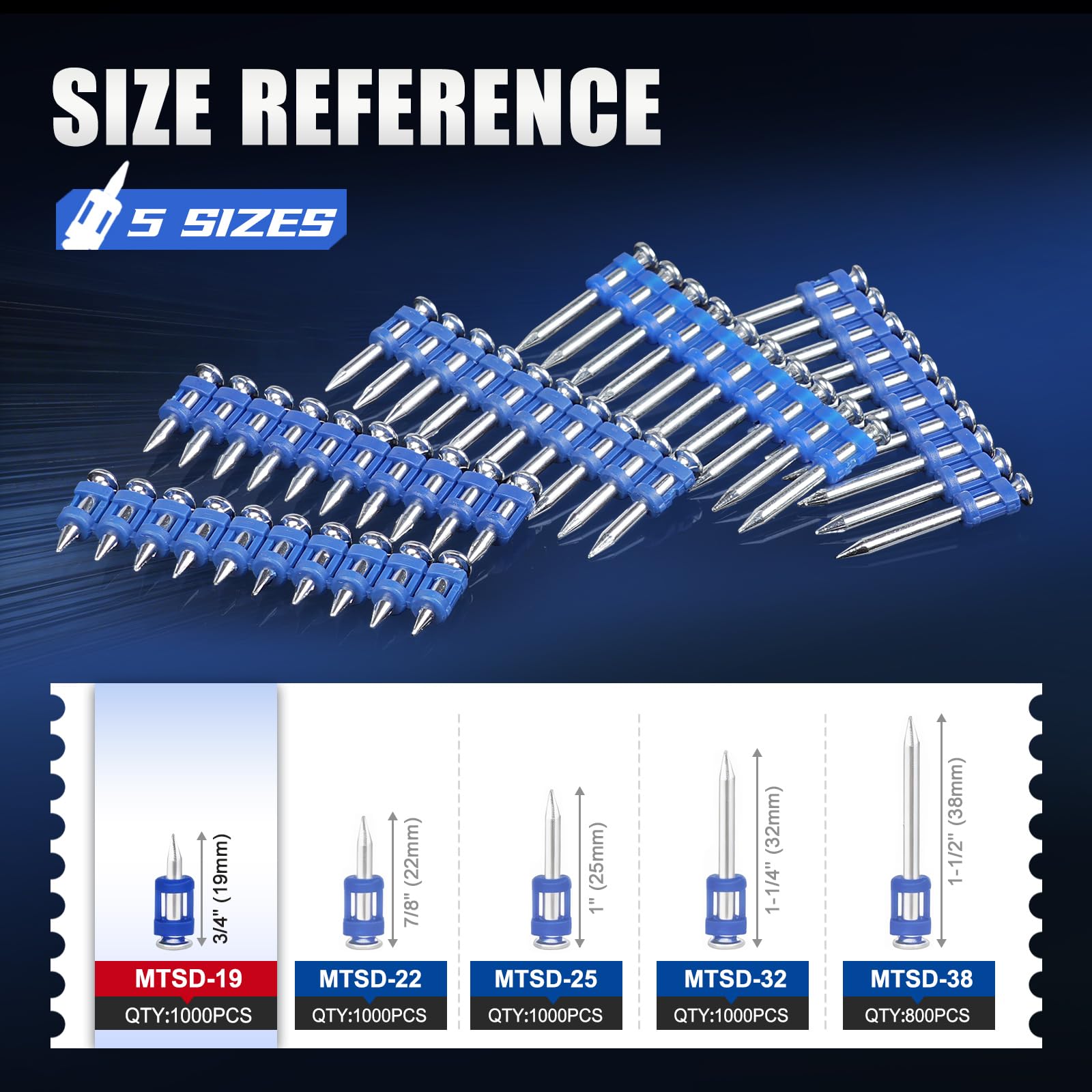 MTSD-19 12 Gauge 19mm Smooth Shank Plastic Collated Concrete and Steel Drive Pin Mechanical Galvanized for Gas Power Concrete and Steel Nailer 1000 PCS/Box (1 boîte)