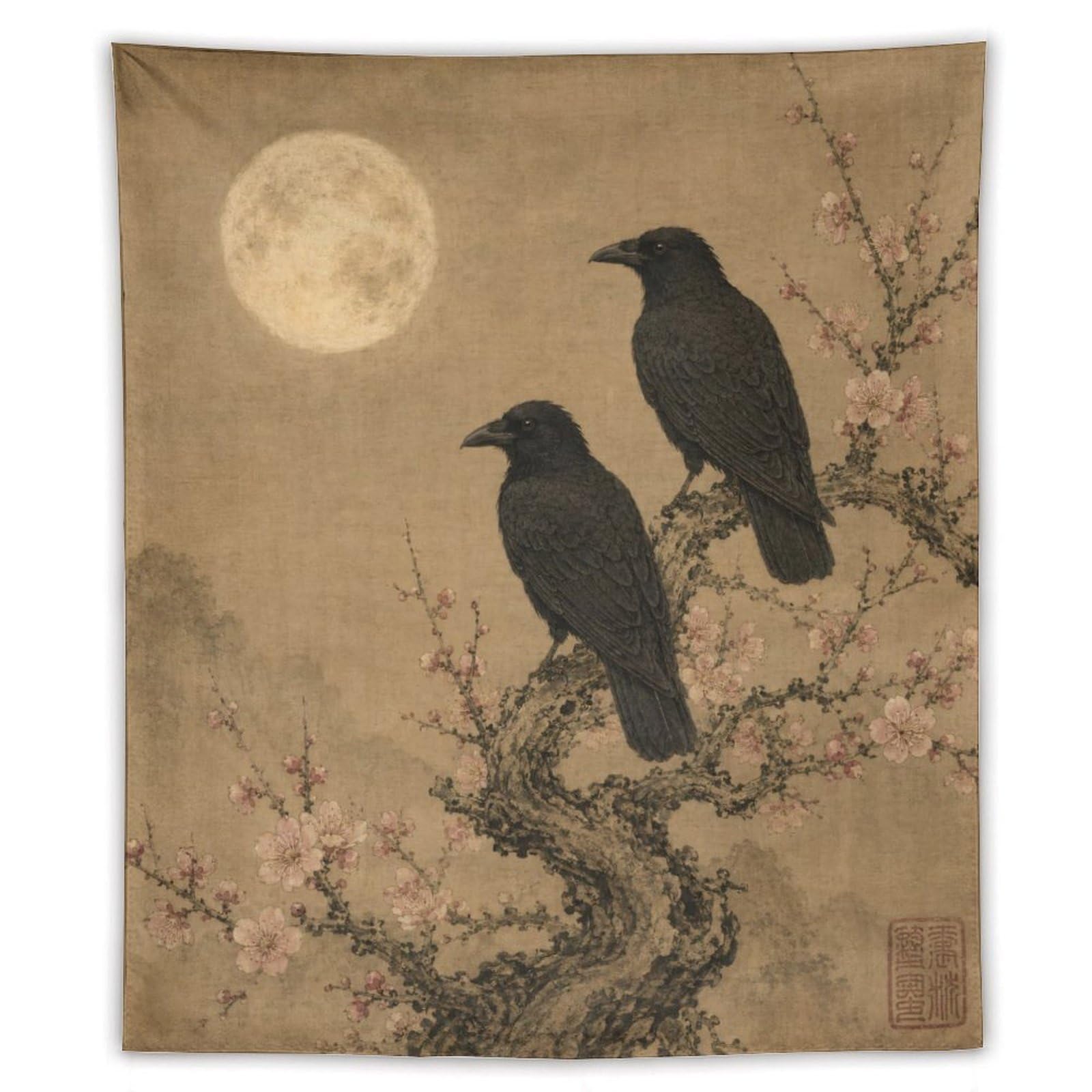 W7C8U2X3 Two Ravens on Moonlit Branch Wall Tapestry, Asian Ink, Bed