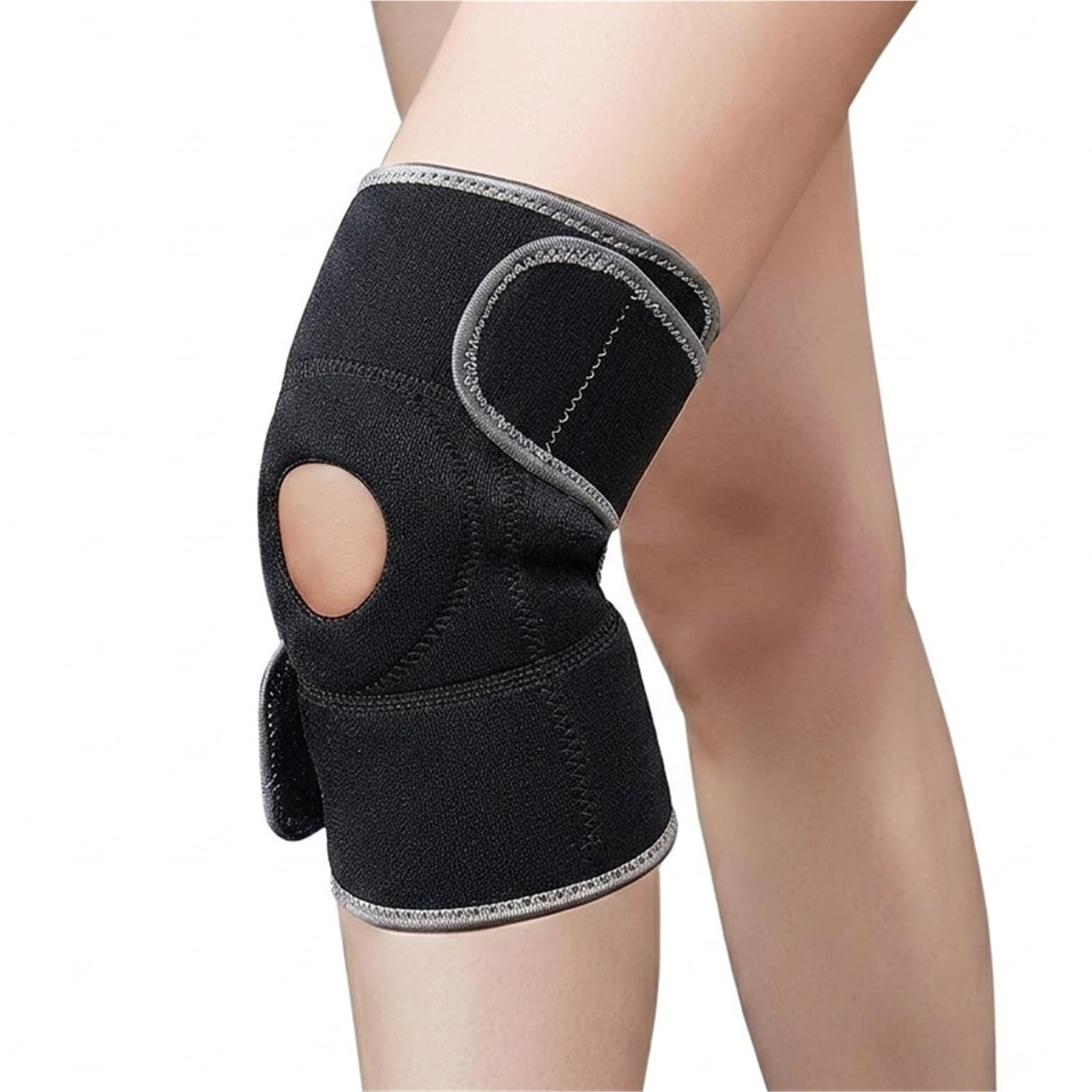 Kniebandage mit offener Patellastabilisierung zur Linderung von Meniskusrissen und Arthritissymptomen. Verstellbare Kompressionsbandage mit Gelpolster für die Rehabilitation nach Sportverletzunge