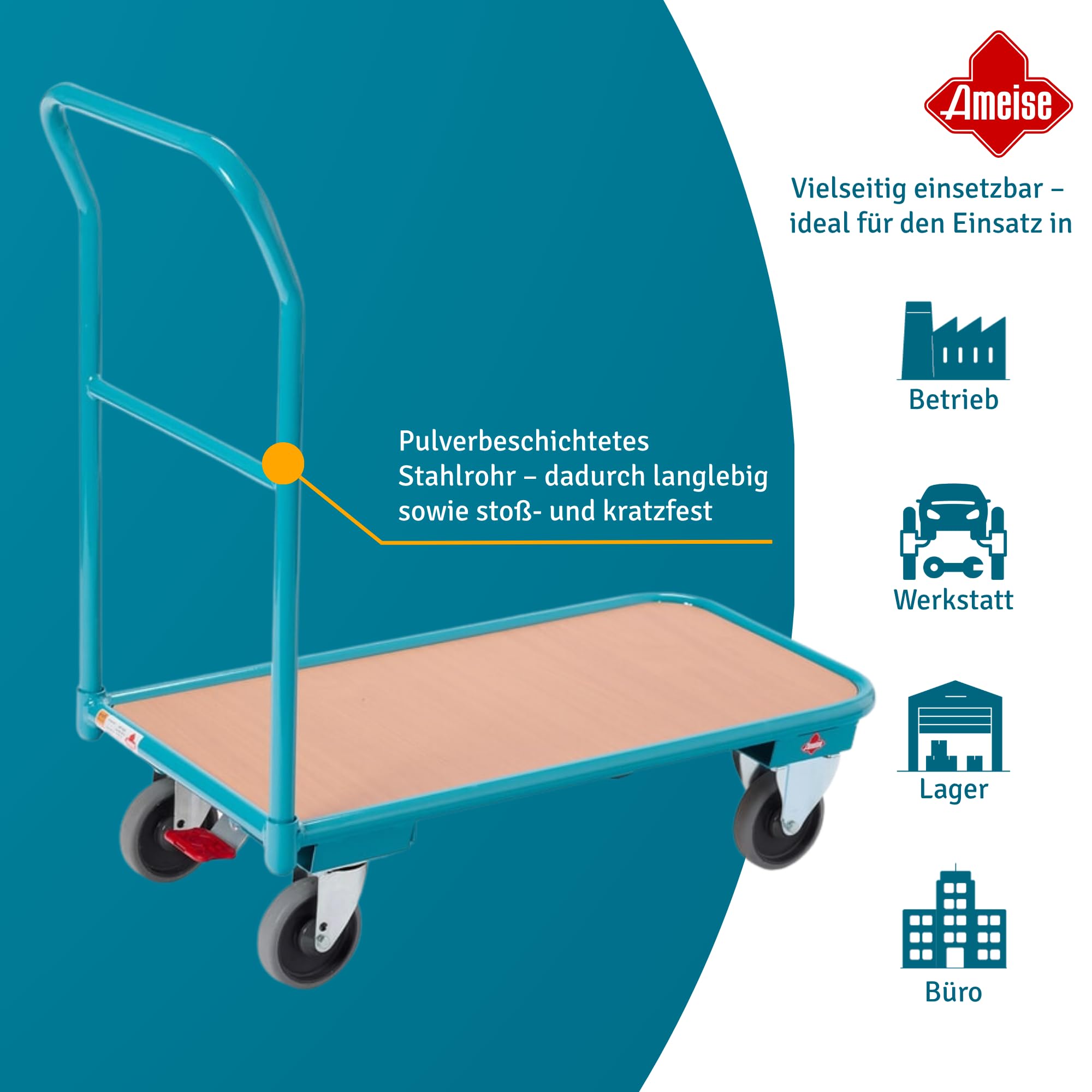 Ameise Magazinwagen | 200 kg Tragkraft | HxBxT 91 x 45 x 95 cm | Ladefläche BxT 45 x 85 cm | 4 TPE-Rollen mit Zentralbremse | stabiles Stahlgestell | stoß- und Kratzfest | bodenschonend