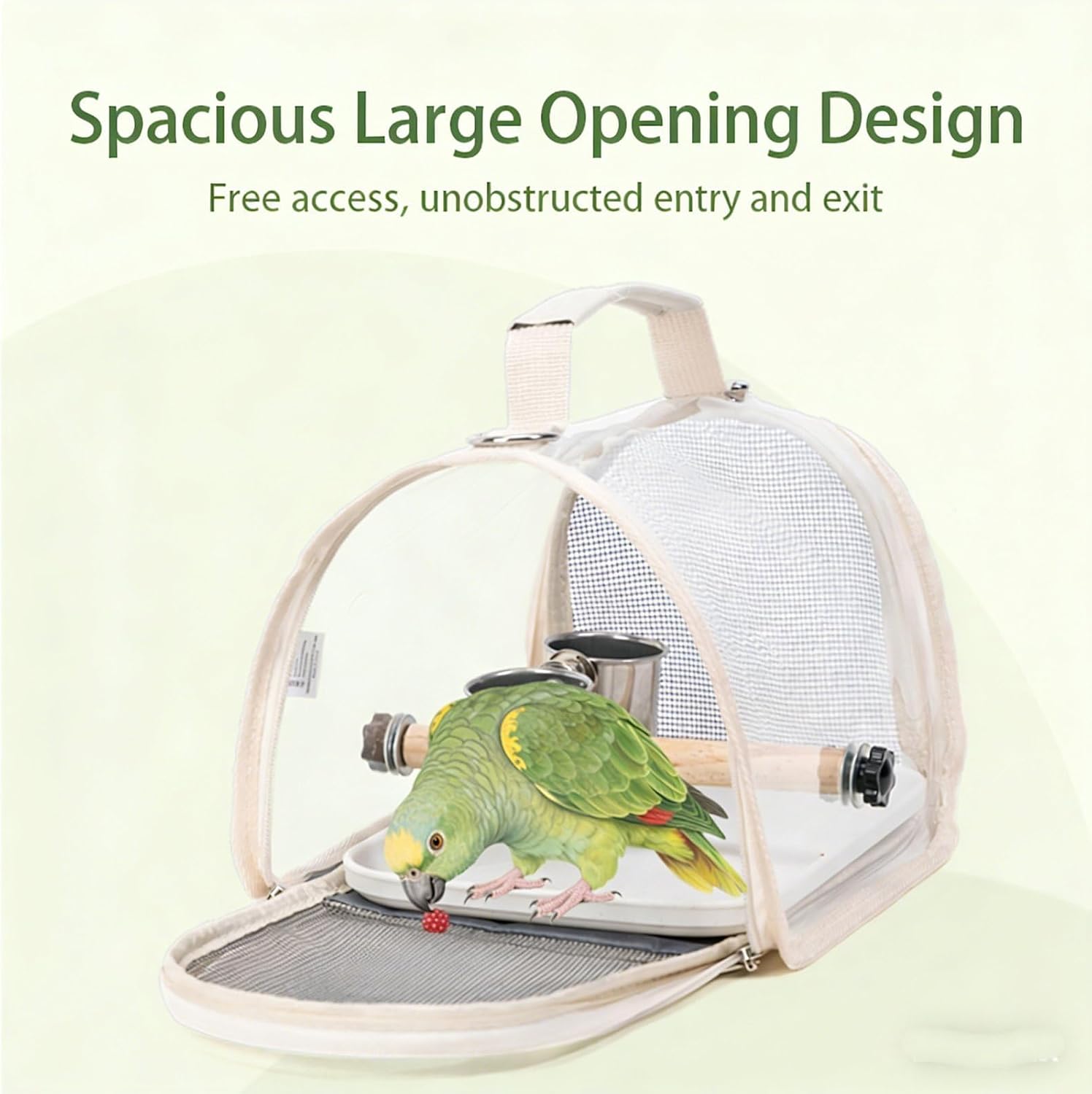 Portable Bird Carrier Cage with Metal Tray Feeder Cups and Wooden Standing Perch,Lightweight Transparent Breathable Travel Bag,Yellow,28 * 20 * 22cm