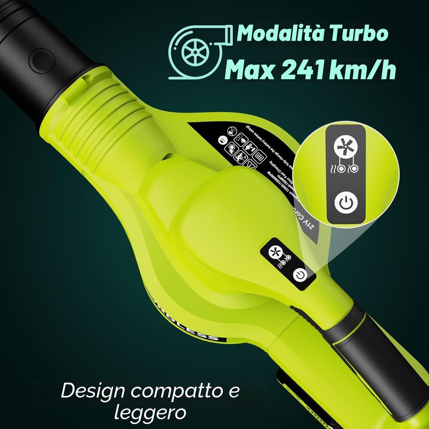 Soffiatore a foglie 21 V senza fili con batteria e caricabatterie, 2 velocità, impugnatura GripZone, soffiatore elettrico per la manutenzione del prato e scarico della neve (2 batterie)