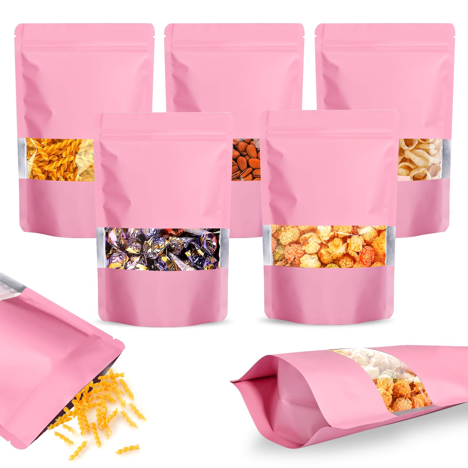 100PCS Mylar Bags for Food Storage, Smell Proof Bags Resealable Food Packaging for Small Business Stand Up Pouches with Window, 5.5" x7.9", Pink