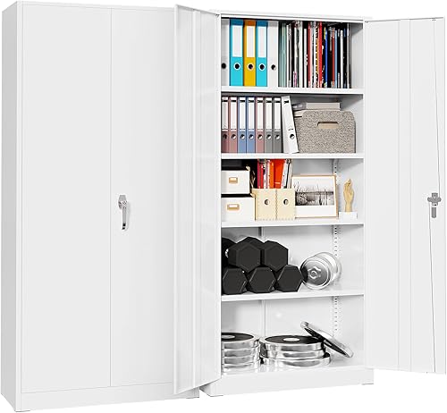 Pataku Gabinete de almacenamiento de metal, armario de garaje con puertas y estantes, gabinete multifuncional de acero con cerradura, gabinete de