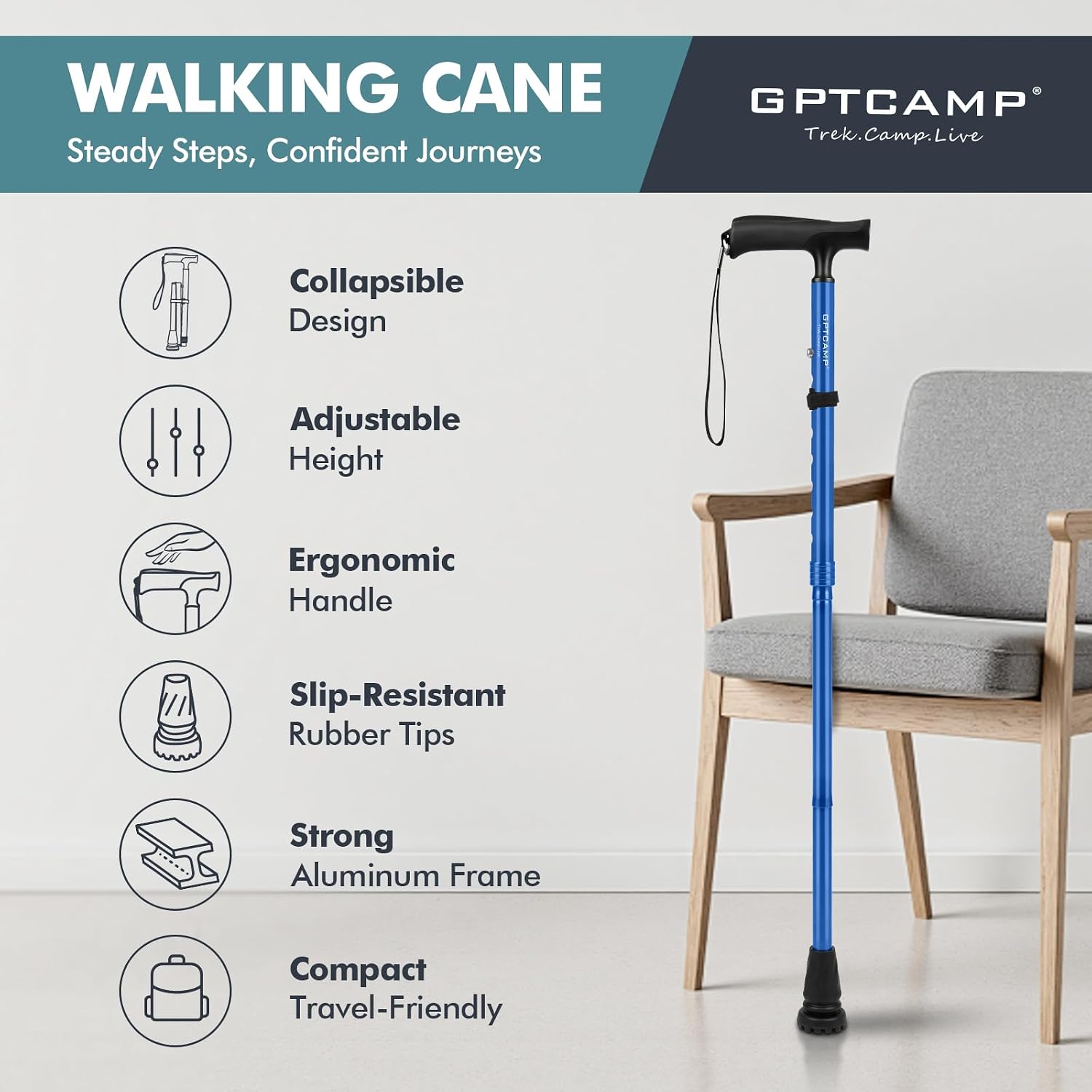 GPTCAMP Walking Cane for Men & Women,T-Grip Handle Adjustable Canes | Collapsible & Folding Design, Anti-Slip Pivot Tip,Lightweight Durable Walking Sticks for Seniors & Adults