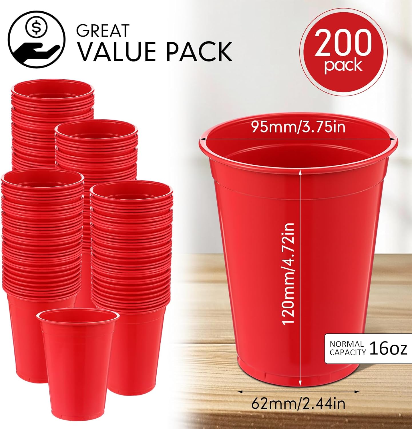 200 Pack Red 16 oz Plastic Cups Bulk for Party Disposable Heavy Duty Drinking Cups Stackable Red Plastic Beverage Tumblers for Picnics New Year Valentines Day Birthday Party Supplies - Image 2