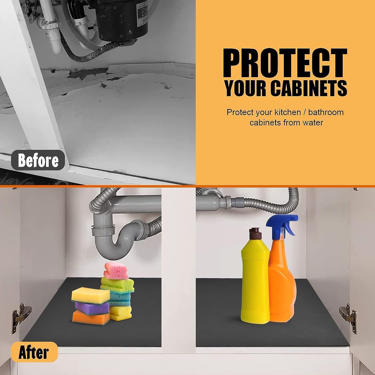 Under Sink Mats for Kitchen, Super Absorbent Fast Dry Kitchen Bathroom Cabinet Mat, 34" X 22" Or Smaller Cut to Fit Under Sink Drip Tray, Under Sink Liner Easy to Clean- Grey