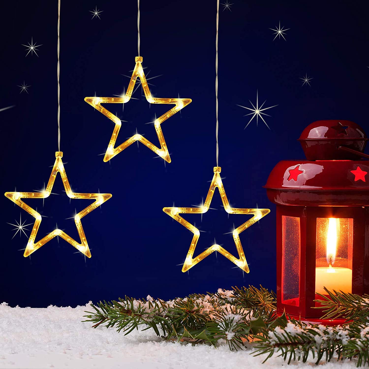 3 Pack Christmas Star Window Lights, Battery Powered LED Window Star Hanging Lights, Waterproof Backdrop String Lights Xmas Decorative Lights for Indoor Outdoor Home Bedroom Party Decor - Warm White
