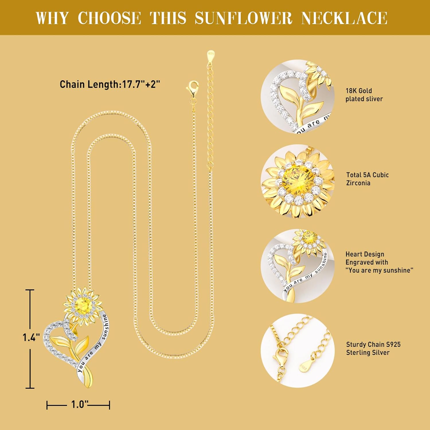 Anniversary Birthday Gifts for Women Wife Sunflower Necklace for Women Gold Plated S925 Heart Pendant Necklace Moissanite Necklace You Are My Sunshine Valentines Christmas Mothers Day Gifts Jewelry for Her Daughter Mom - Image 3