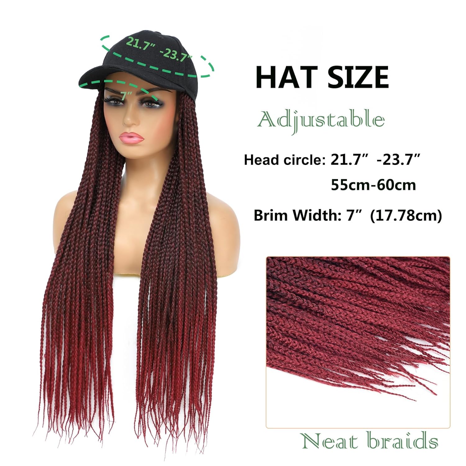 Hat Wig for Women Baseball Cap with Braided Hair Attached Synthetic Box Braid Wig Hat Adjustable Cap with Ombre Burgundy Braids for Daily Outdoor Halloween Use