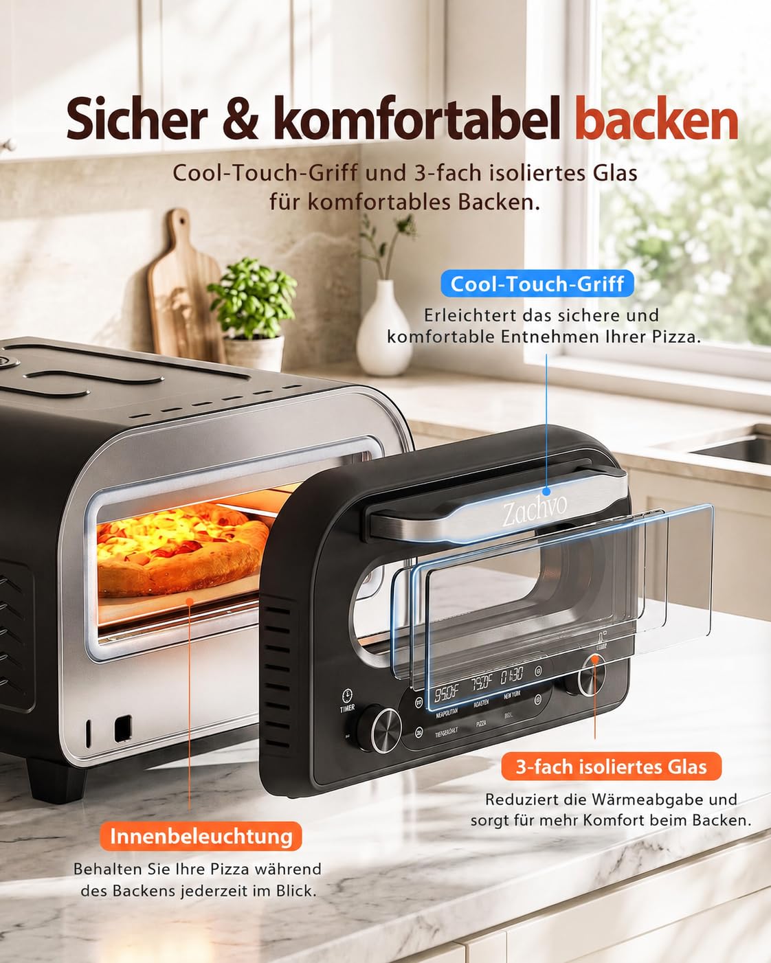 Elektrischer Pizzaofen - bis 450℃, 5 voreingestellte Pizzaarten, 1-60 Min Timer, Touchscreen & Drehregler, Edelstahlgehäuse, für 32cm Pizza, inkl. Pizzastein, Pizzaschieber, Rezeptbuch, Schwarz,HF1201