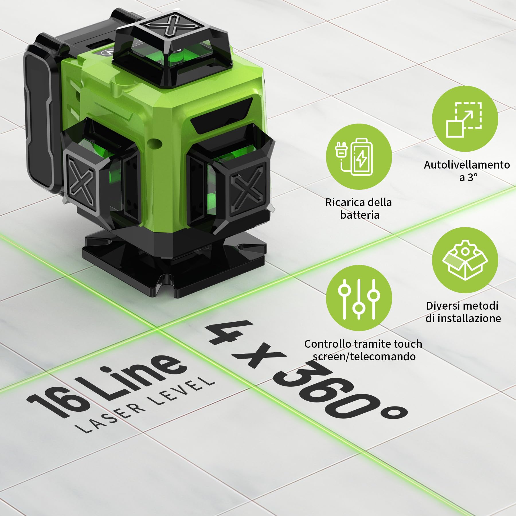 Livella Laser 16 Linee con Treppiede, Livella Laser Autolivellante 360, Batteria Ricaricabile, con Staffa a Parete, Telecomadon, per Lavori Costruzione e Decorazione D'interni