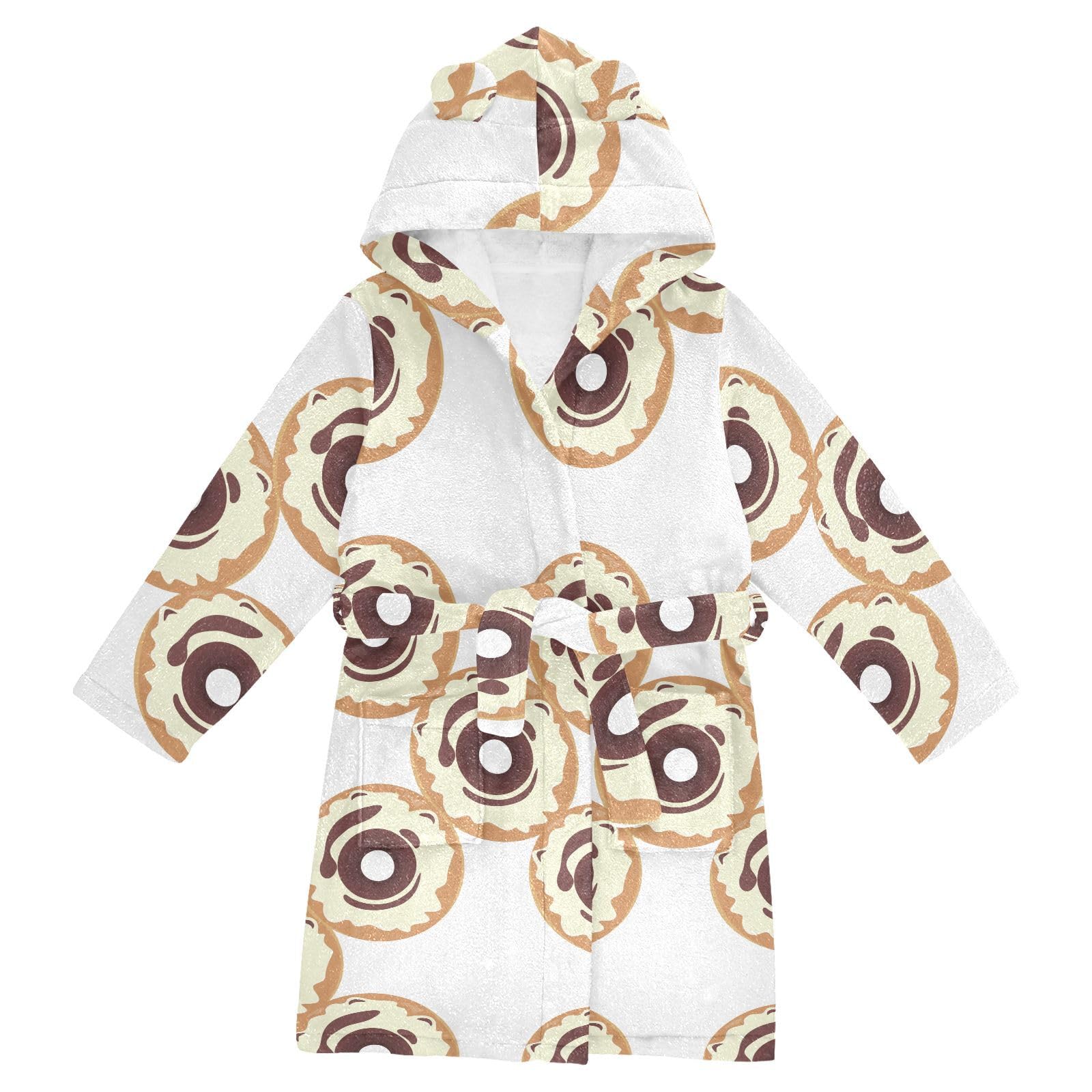 WIFIU Toddler Baby Hooded Bathrobe for Boys Girls Funny Donut Pattern Printed, Soft Plush Bath Towel Robe with 2 Pockets for 7-9 Years