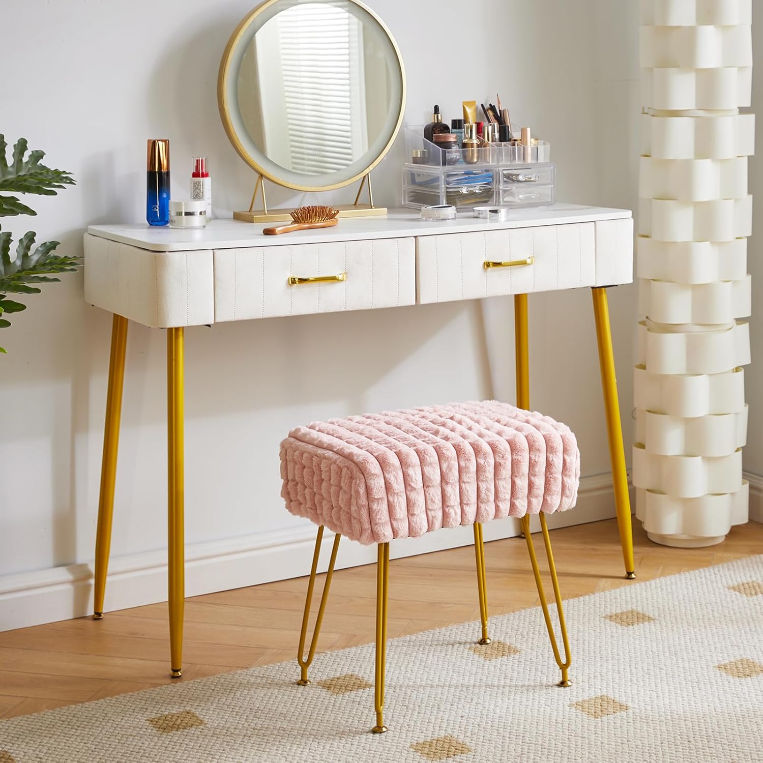 IBUYKE Rectangular Footrest Stool Ottoman, Makeup Vanity Stool Side Table, Velvet Dressing Table Seat, Footstool Chair, Golden Steel Legs, for Makeup Room, Bedroom, Square Grid Pattern, Pink WBD003P - Image 4