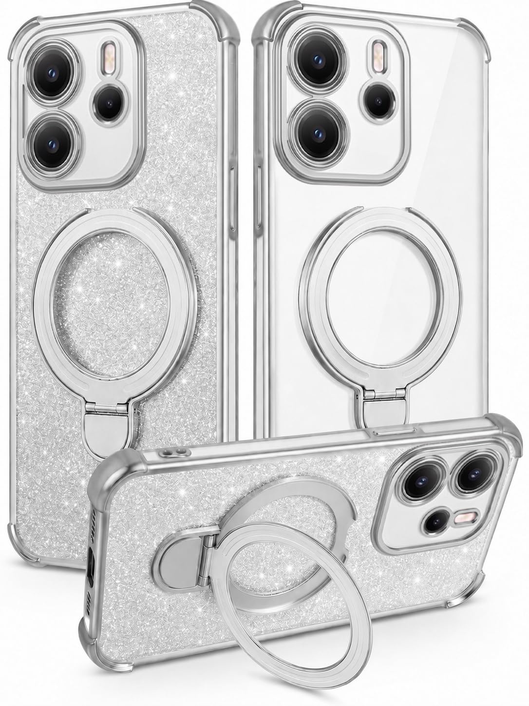 Mobigon Glitter Phone Case Compatible with Xiaomi Redmi Note 14 4G (Not 5G), Magnetic Ring Stand Shockproof Cover, Clear Soft TPU Bumper with Full Camera Protection - Silver
