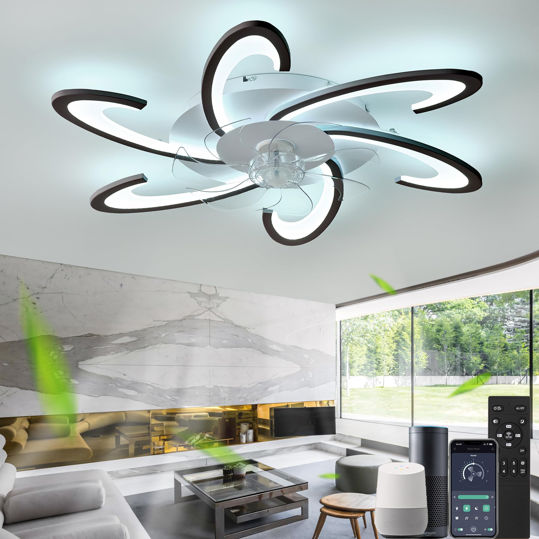 Cucummn Silent LED Ceiling Fan Light, Dimmable Compatible Alexa Light Fan Ceiling Lamp 6 Speed Remote Control APP Timer Ceiling Fans with Lights for Children's Room Living Room Bedroom Kitchen Black