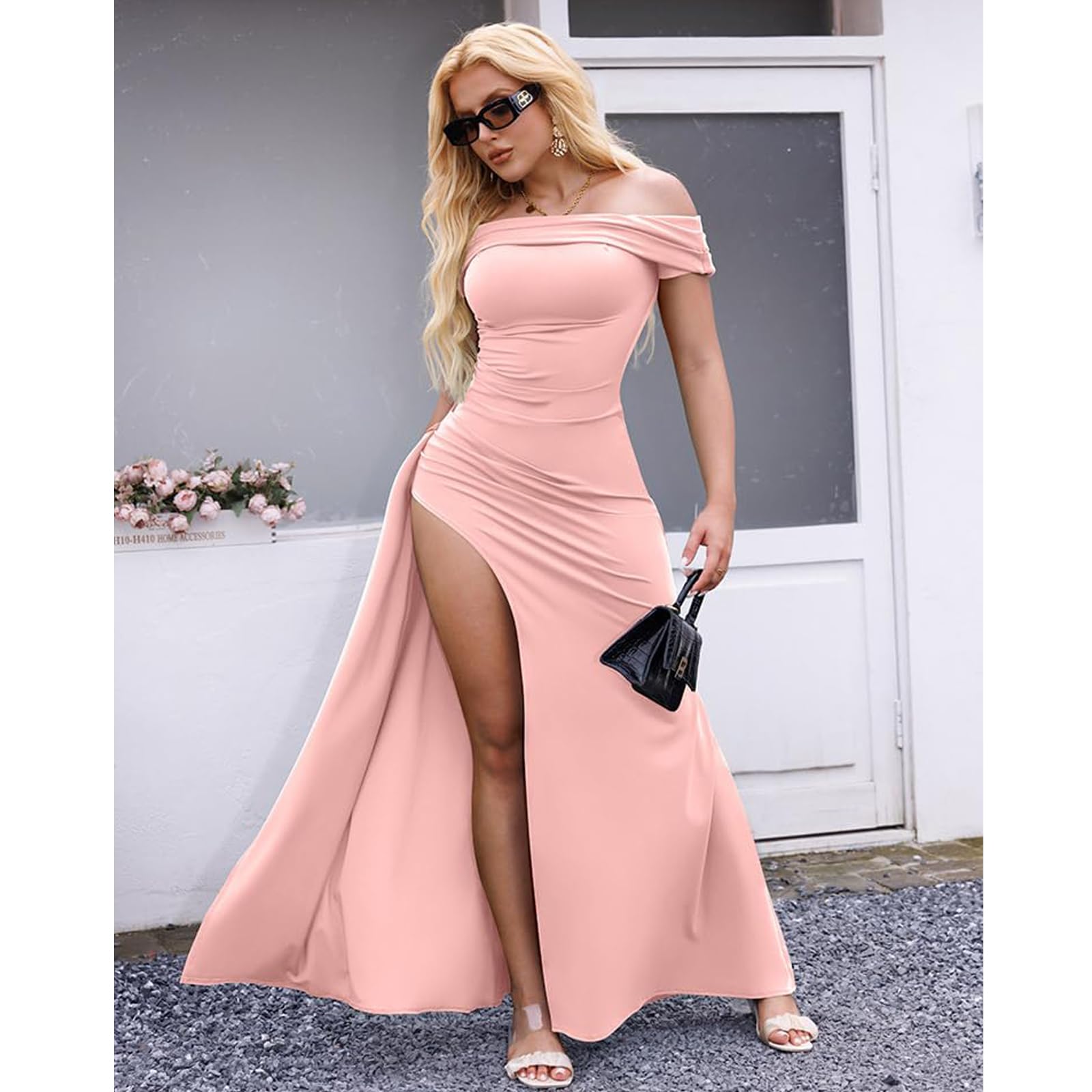 Robe de Soirée Cocktail Femme Robe Longue Sexy Slim Bodycon Epaules Dénudées Fendue Maxi Robes Femme Élégant Couleur Unie Robes de Fête Longue de Gala pour Mariage Party Bal
