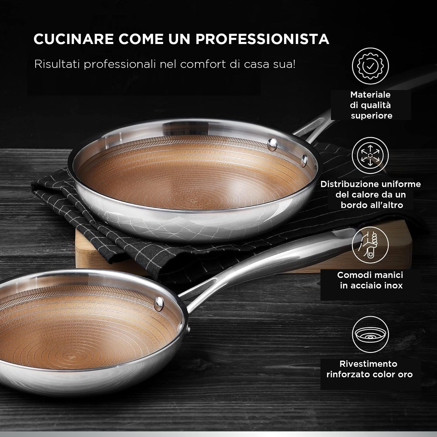 MasterPRO GIRO - Set di padelle ibride 2 pezzi (20 cm e 24 cm) - Rivestimento antiaderente ILAG a 3 strati - Struttura a nido d'ape antigraffio - Induzione e forno - Senza PFAS/PFOA/PTFE