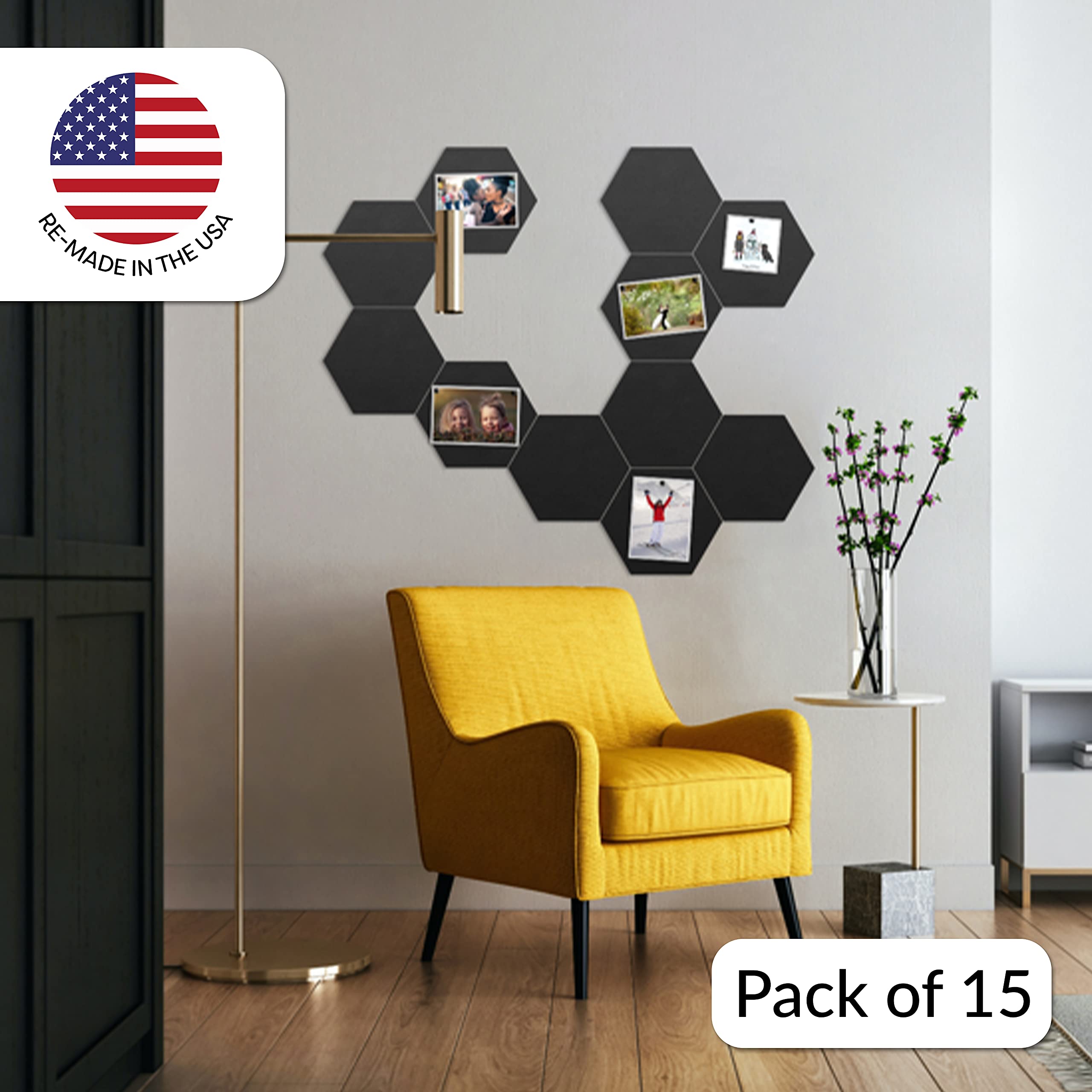 Durable Rubber Hexagon Bulletin Boards, Versatile Pack of 15, Peel & Stick Self Adhesive Foam