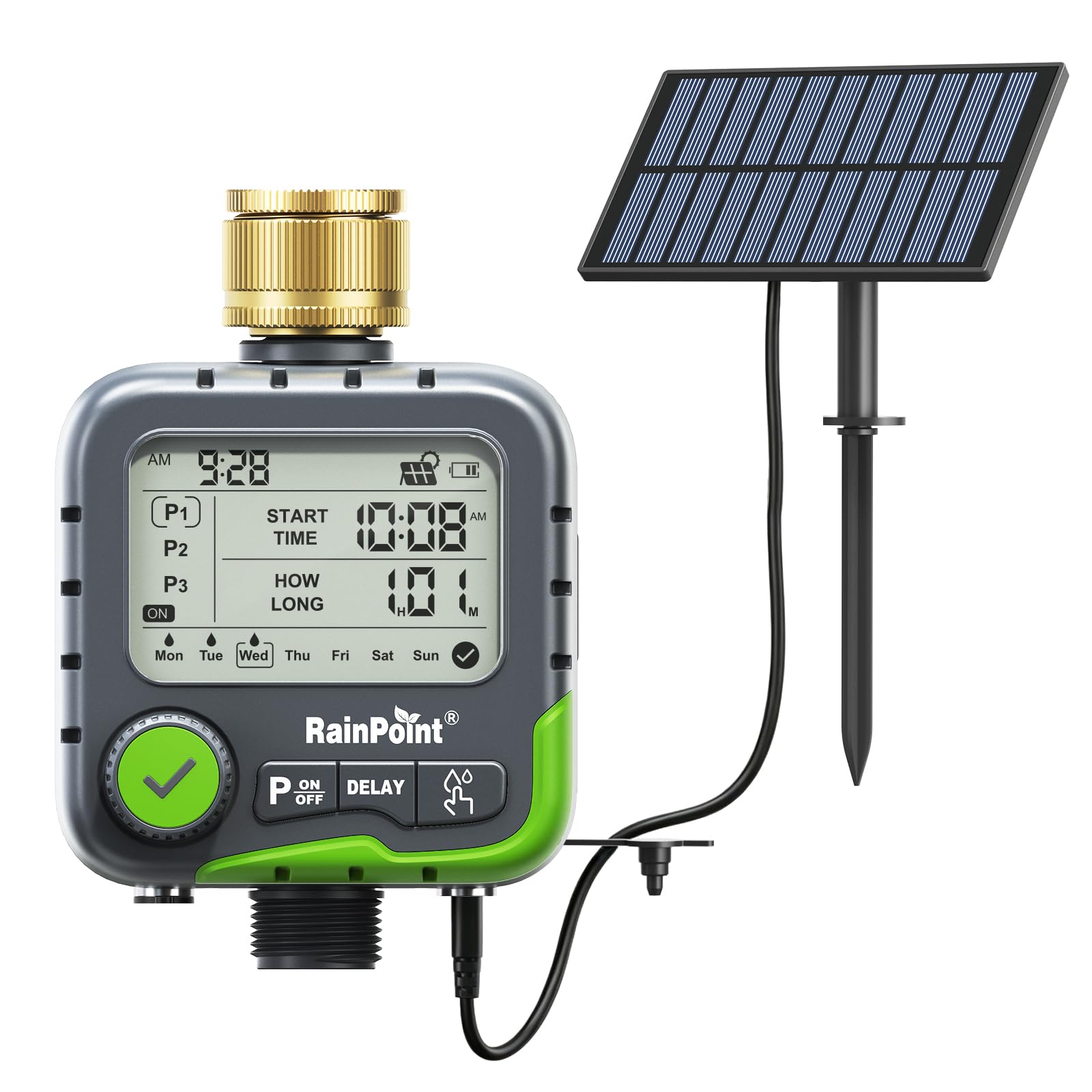 RAINPOINT ITV156 Kit d'arrosage solaire avec minuterie d'arrosage pour robinet de jardin et pelouse, avec panneau solaire et 2 piles AA, 3 programmes indépendants, charge solaire continue