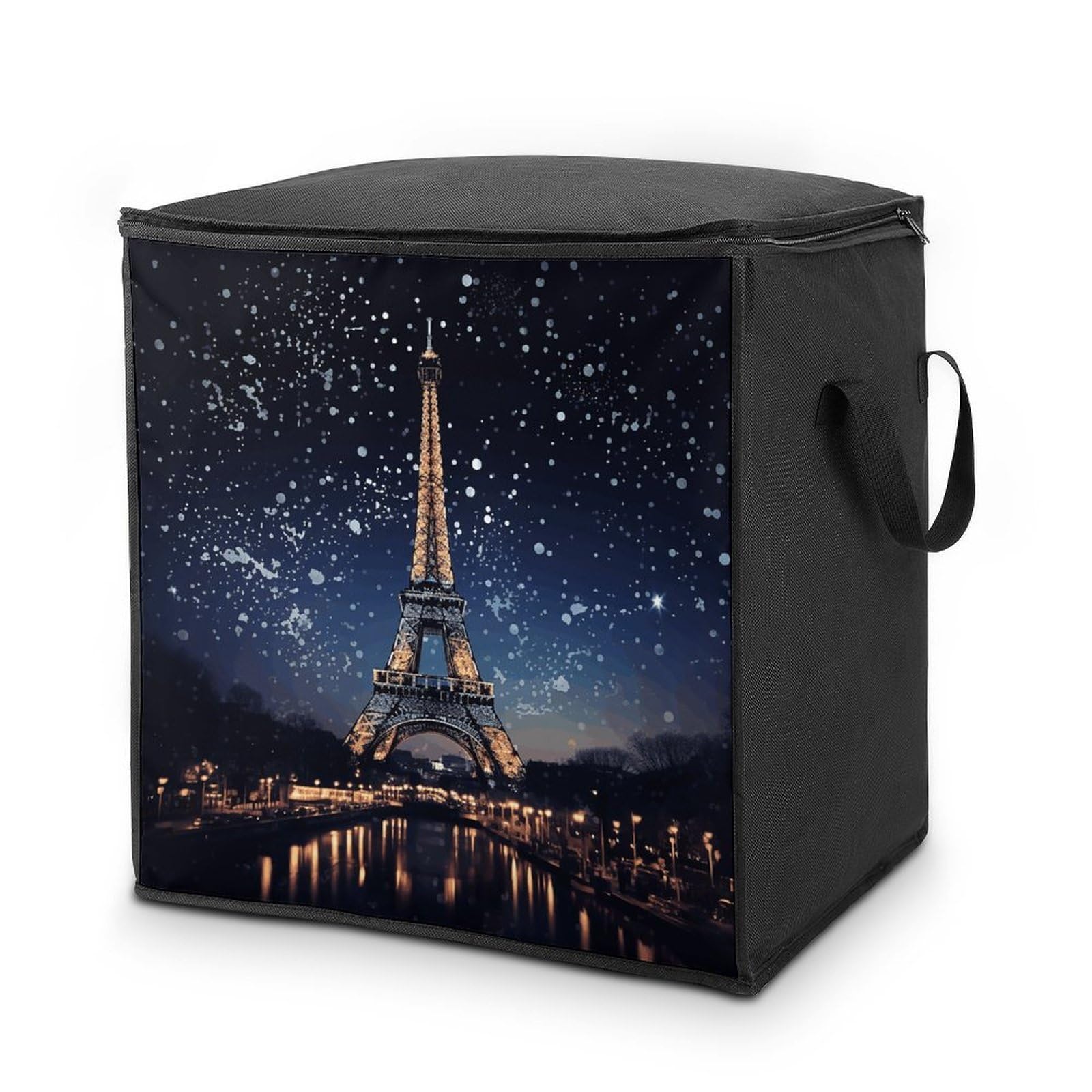 70L Night Paris Eiffel Tower Storage Bag With Zipper Closet Organizers with Handle for Home Storage Organizer for Blankets Quilts Clothes Comforter Bedding And Pillows