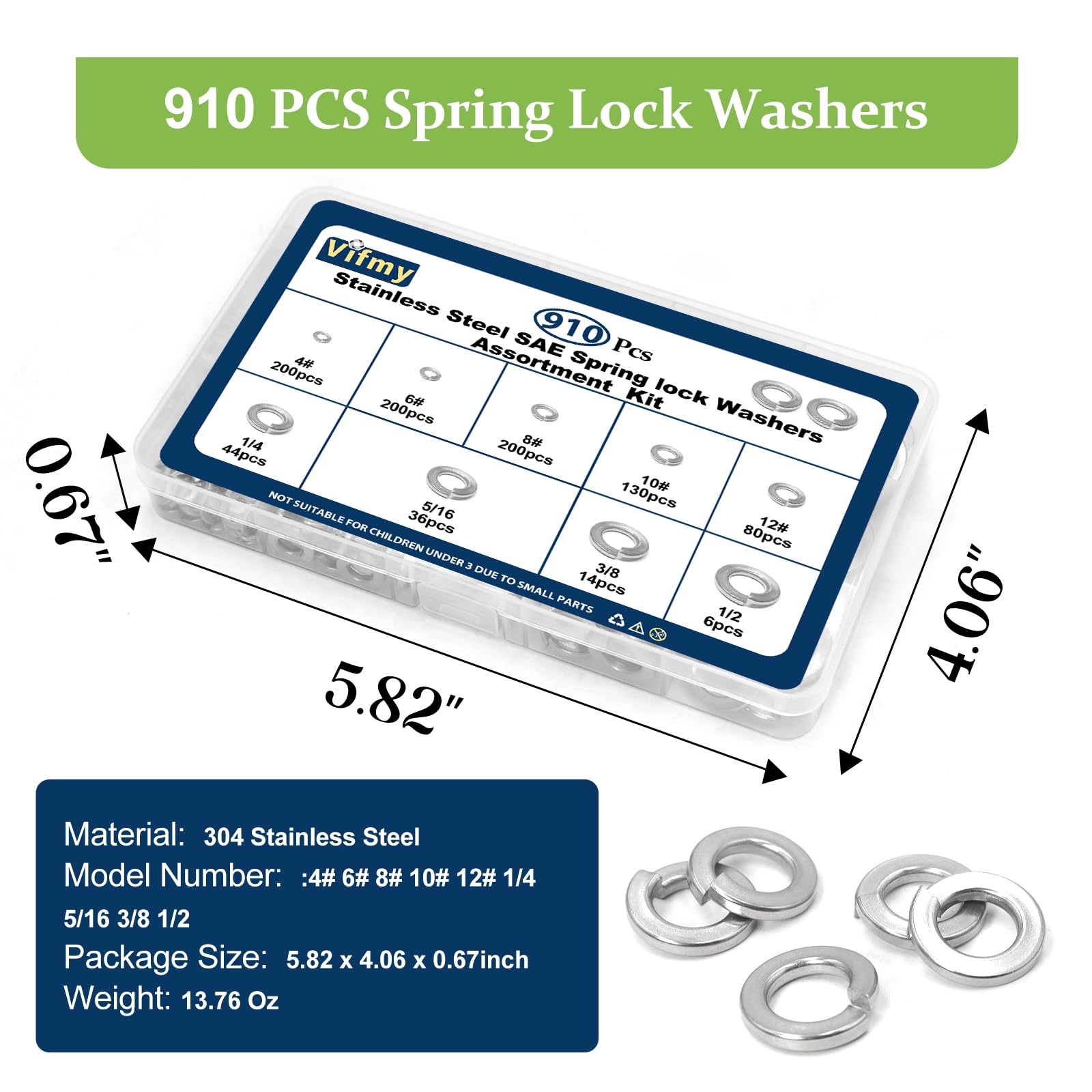 SAE Spring Lock Washer Kit - 910 Pcs Stainless Steel -7