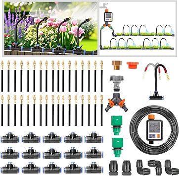 Greenhouse Micro Drip Irrigation Kit, Water Drip Irrigation System, 360 Adjustable Fogging Irrigation Kit, With 1/2 Inch + 3/4 Inch Water Pipe and Timer, For Garden Yard Lawn,40m/131.2ft-WithTimer