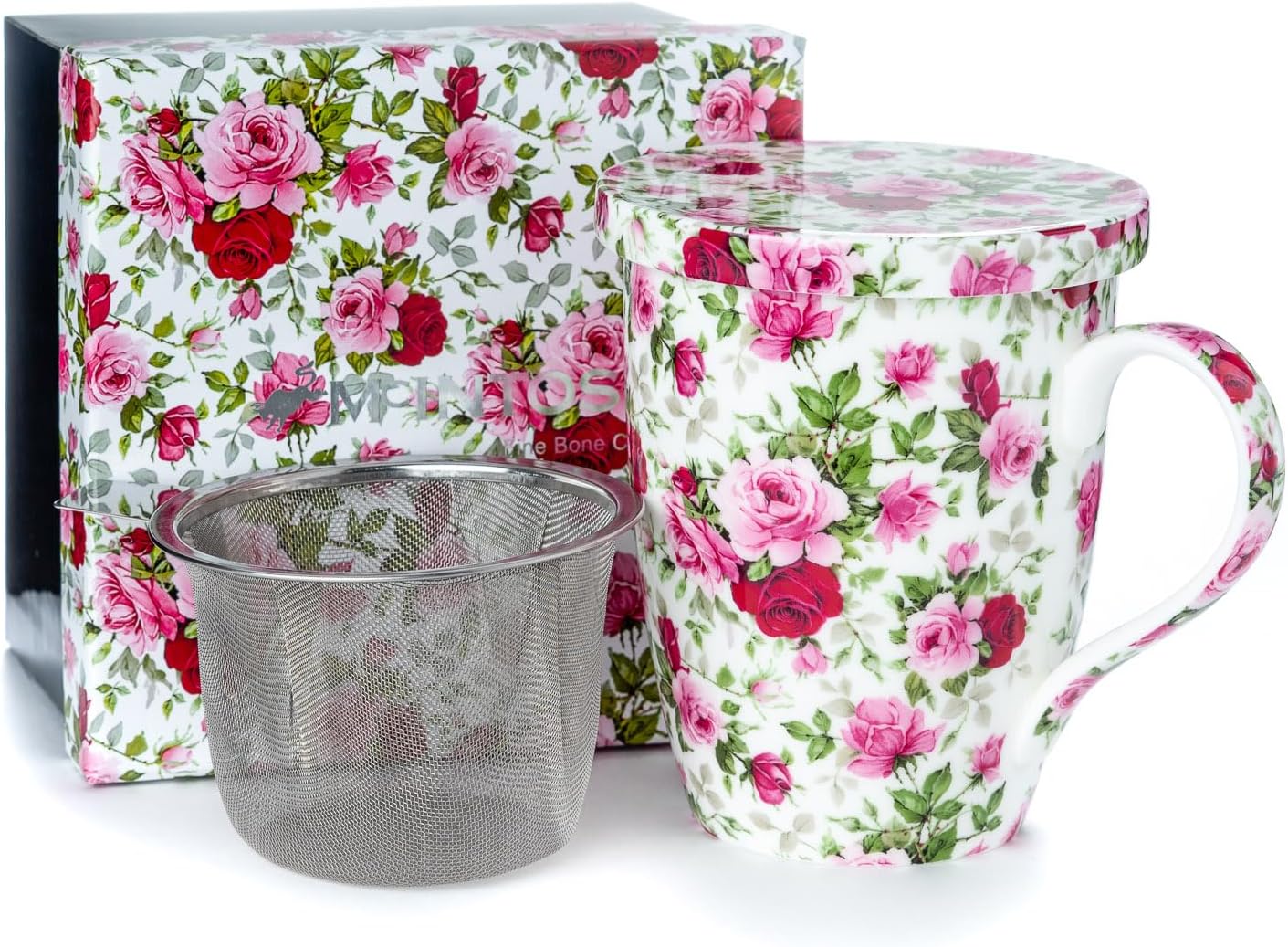 McIntosh Chintz Red & Pink Roses Fine Bone China Tea Mug with Lid and Infuser