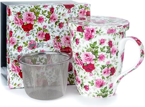 McIntosh Chintz Red & Pink Roses Fine Bone China Tea Mug with Lid and Infuser
