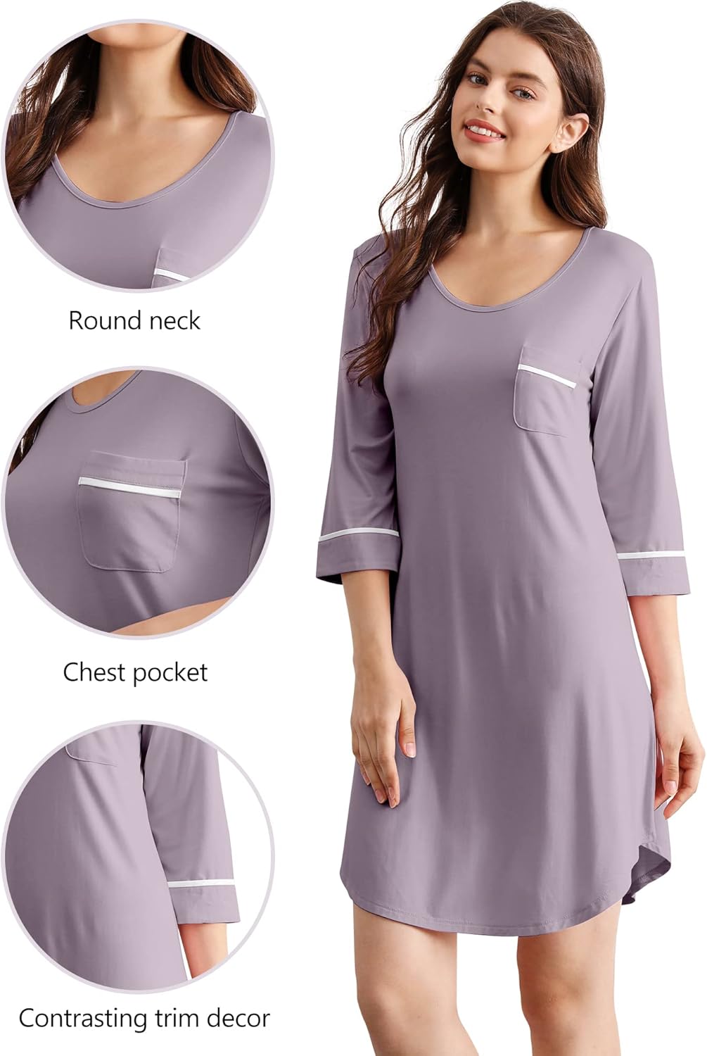 WiWi Super Soft Nightgowns for Women 3/4 Sleeve Cooling Nightshirts Sleepwear Bamboo Viscose Dress S-4X - Image 4