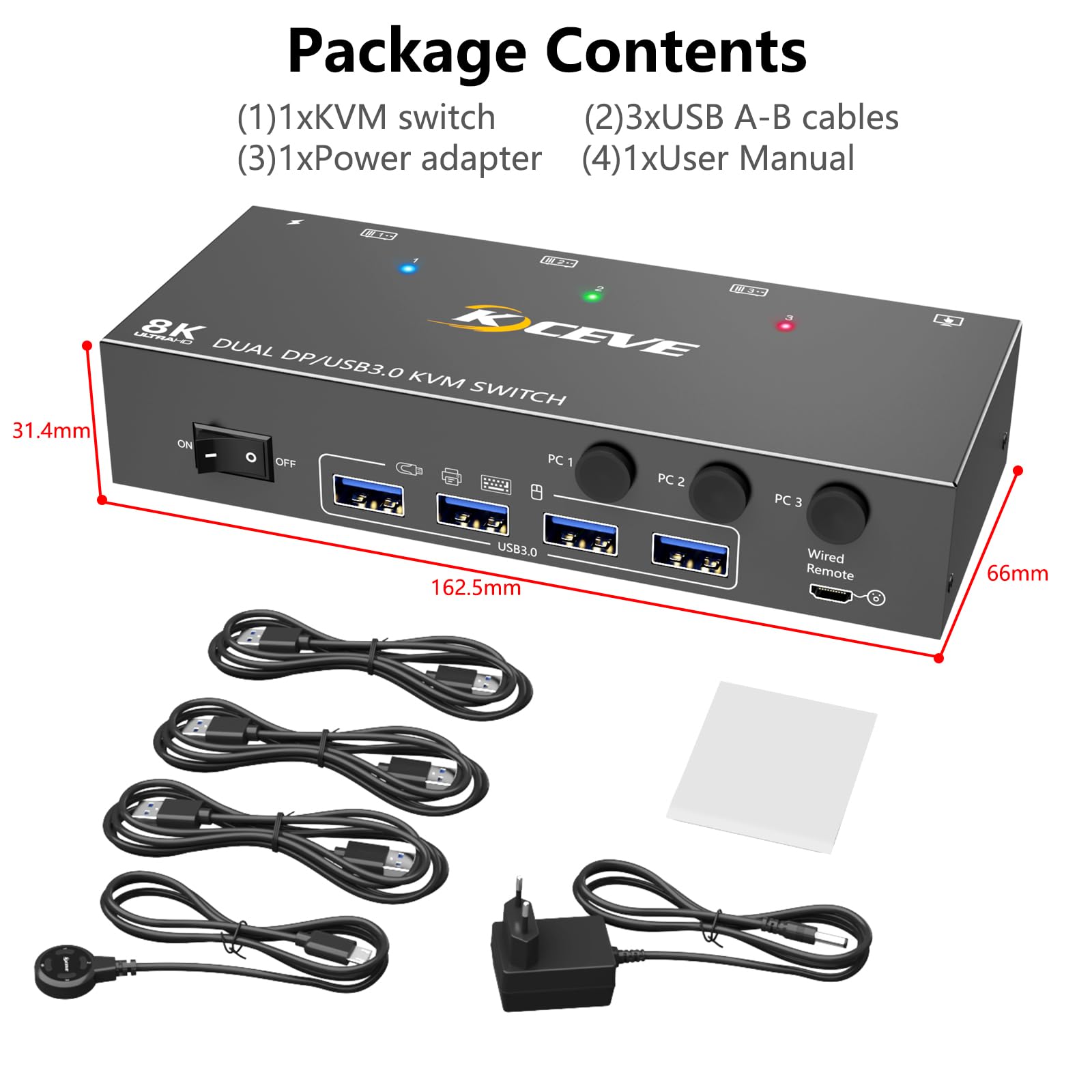 8K@30Hz KVM Switch 3 PCs 2 Monitore, 4K@144Hz Displayport KVM Switch 3 PCs teilen sich 2 Monitore und 4 USB 3.0-Geräte, inklusive kabelgebundene Fernbedienung, Netzteiler und 3DP+3USB3.0-Kabeln