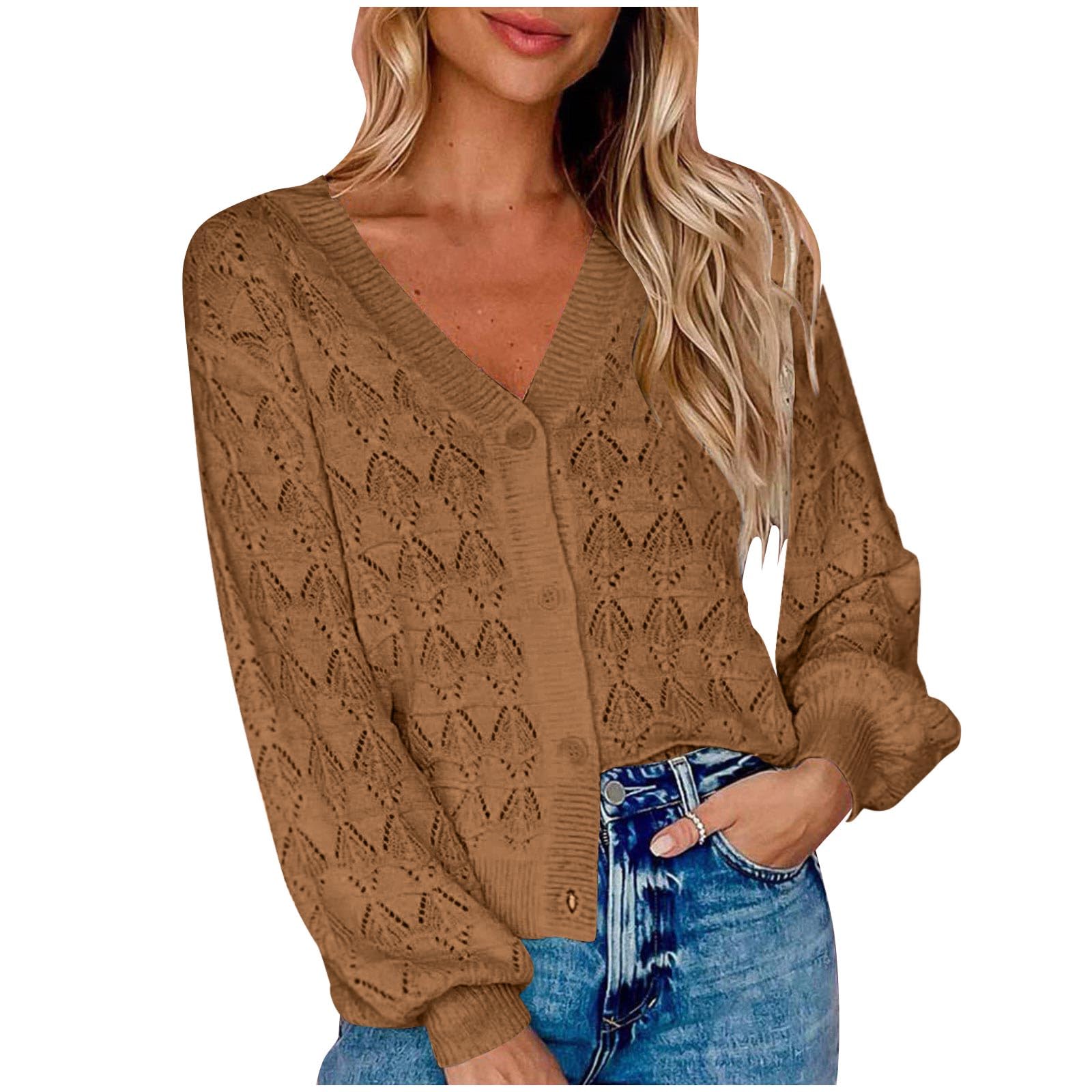 Womens Cardigan Button Front V Neck Fall Sweaters for Women 2024 Solid Color Eyelet Comfy Knit Sweater Dressy Casual