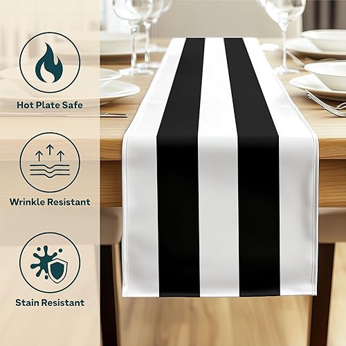 Miniatura 3 de Fabric Textile Products Mesa a rayas blancas y negras  Decoración de mesa de cabaña  14 x 108 pulgadas  Lavable a máquina y resistente a las manchas