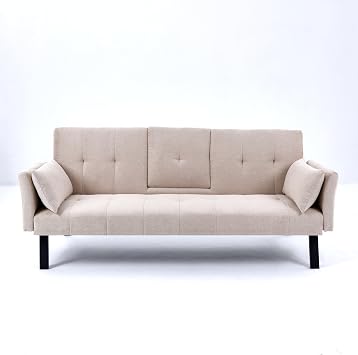 Beige Convertible Futon Sofa Bed with Cup Holder, Cotton and Linen Folding Futon Couch, Recliner Lounge for Living Room with Side Storage, Removable Armrests (Beige)