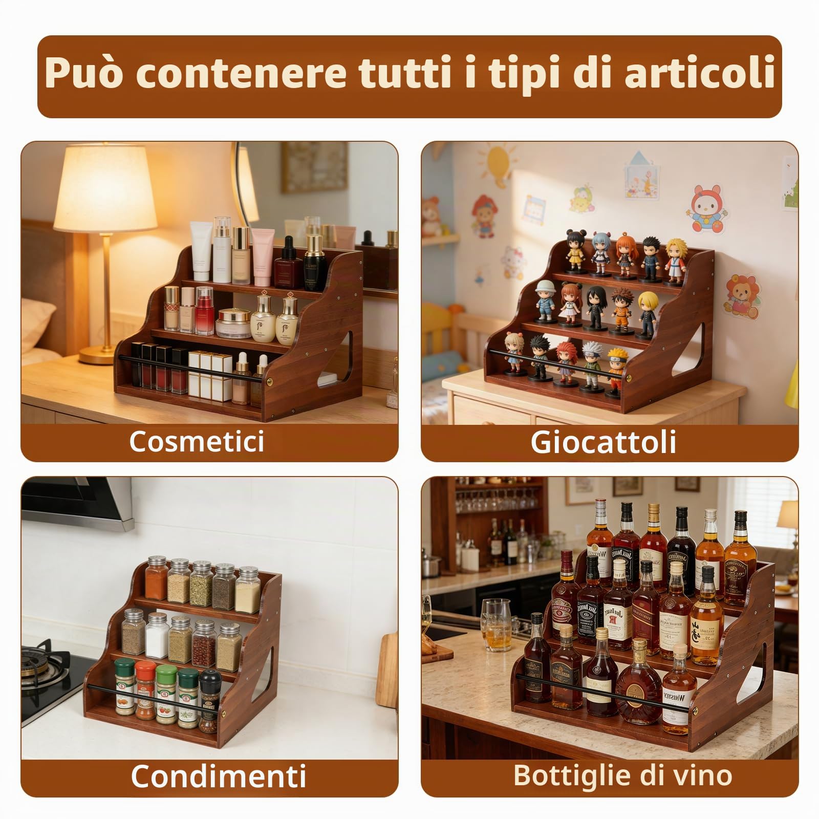 Scaffale espositore per Bottiglie di liquore a 3 Livelli | in legno rustico, organizer per sciroppo da caffè,portabottiglie per vino,scaffale da banco,supporto per stazione da caffè