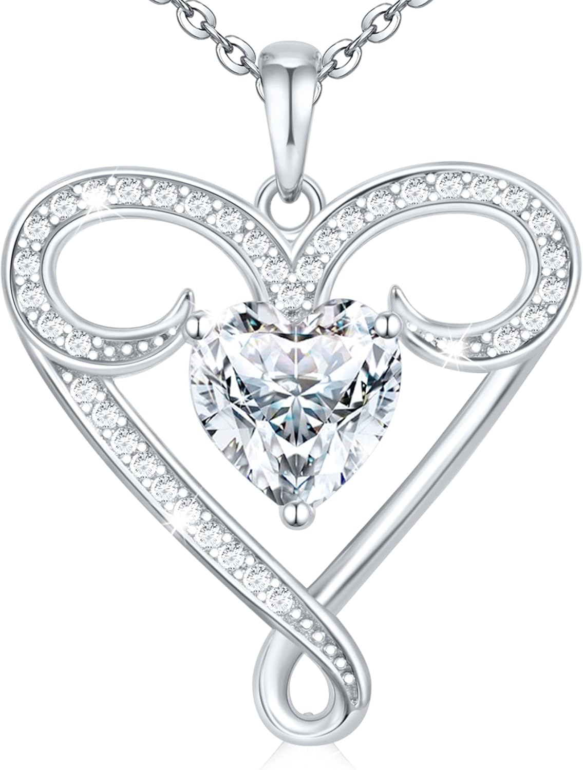 Yuelove Infinity Necklace for Women, 925 Sterling Silver Heart Necklace with 5A Zircon, White Gold Plated Adjustable Chain, Gift for Valentine's Day, Birthday, Anniversary for Wife, Girlfriend, Mom