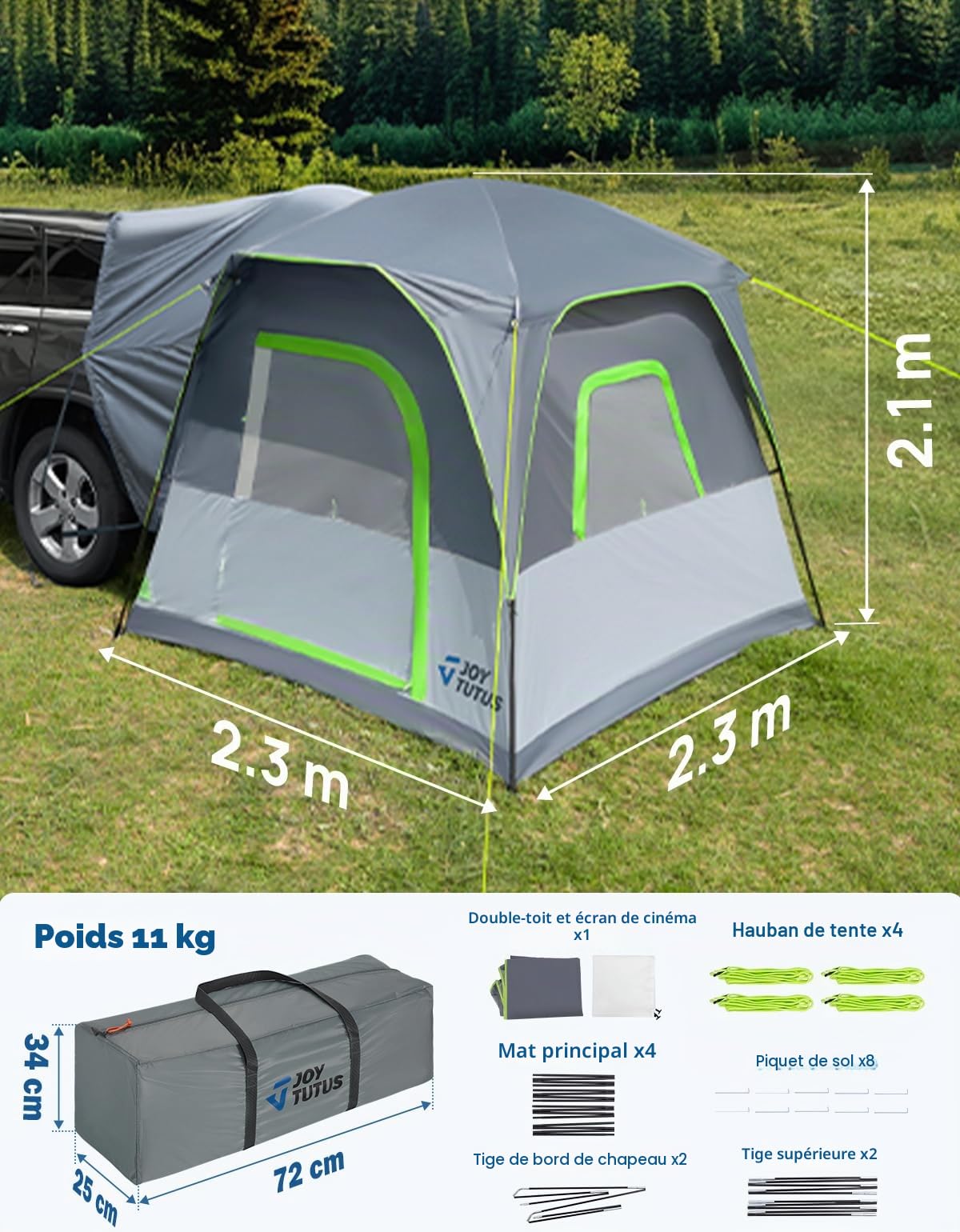 JOYTUTUS Tente SUV avec véranda et tente de camping pour la famille, grande tente pour voiture spatiale pour 4-9 personnes, SUV à double usage ou camping sous la pluie, double porte, toit ciel étoilé