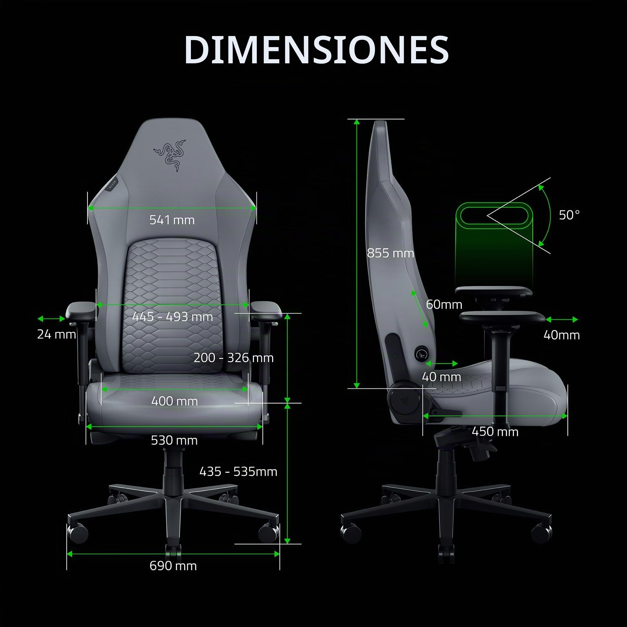 Razer Iskur V2 NewGen - Silla Gamer ergonómica con Comodidad Transpirable Cuero EPU 2.ª generación con tecnología Cooltouch - Sistema de Soporte Lumbar Hyperflex | Gris