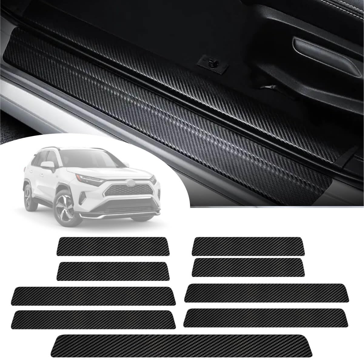 Car Door Sill Protector Compatible with Toyota RAV4 2025-2016 LE XLE Hybrid Adventure Prime - Custom Fit Anti-Scratch Carbon Fiber Threshold Protection Sticker, Trunk & Door Entry Edge Guard (9pcs)