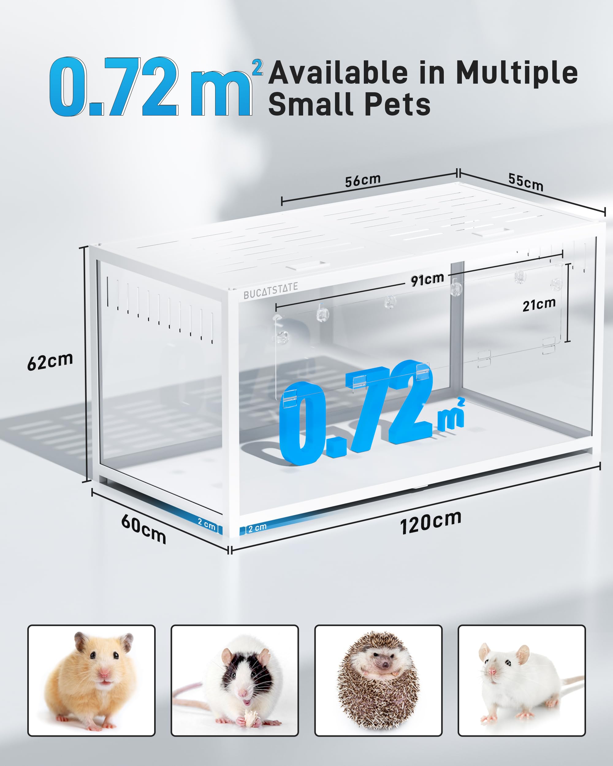 BUCATSTATE Hamsterkäfig 3,0: Metall Rattenkäfig Kleintierkäfig Groß Stapelbar mit Einfacher Montage 120L x 60W x 62H cm für Nager, Mäuse, Zwerghamster (0,72m², Weiß)