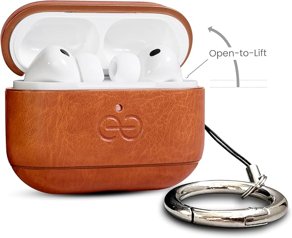 Coque Dreem en Cuir véritable pour AirPods Pro 3, Mousqueton Porte-clés, Coque Rigide de Protection en Plastique Dur + Cuir Premium, Compatible avec MagSafe, Effet Reveal Motion [Om:Caramel] - 2